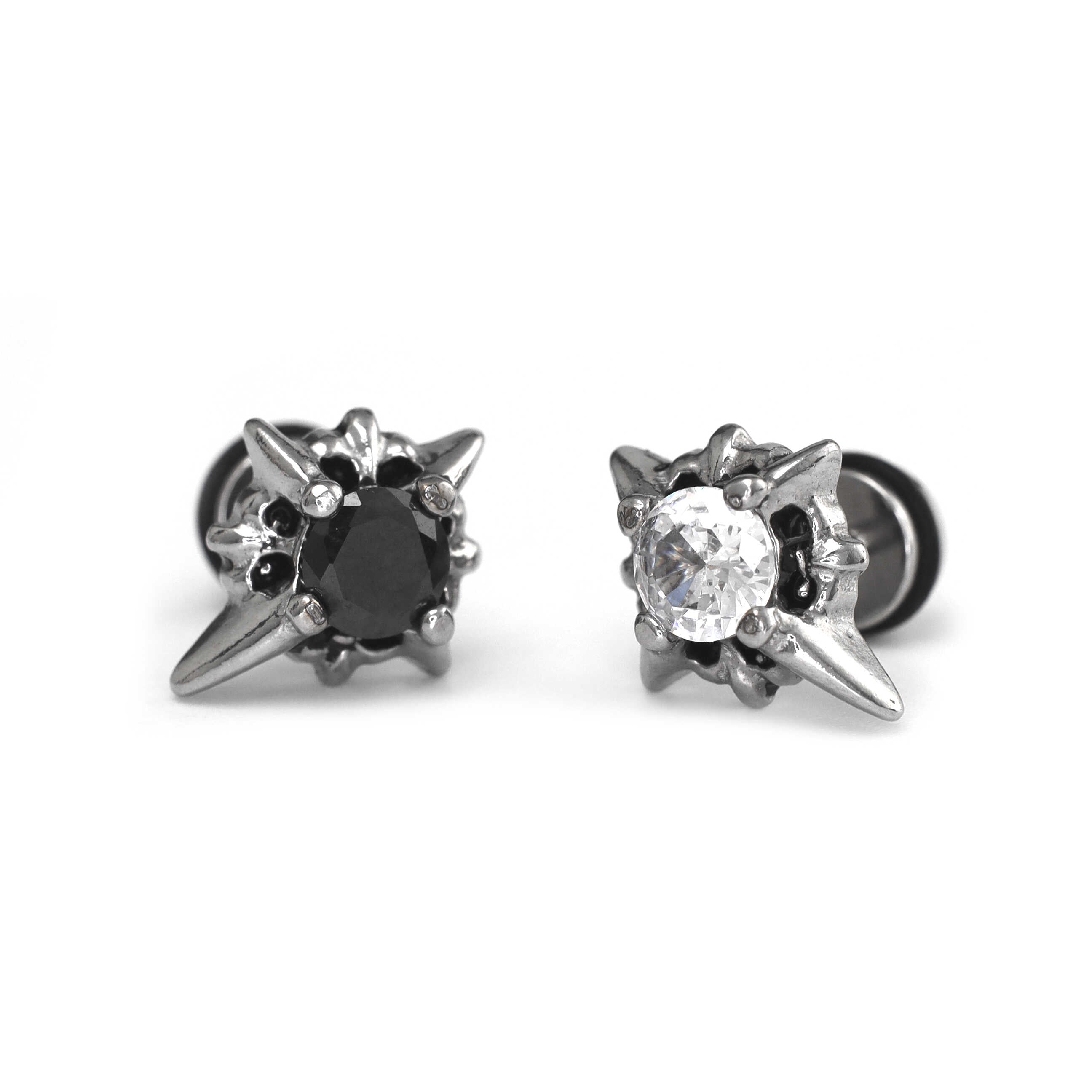 PAIR OF Black & White CZ 3D Hexagram Stainless Steel Ear Studs
