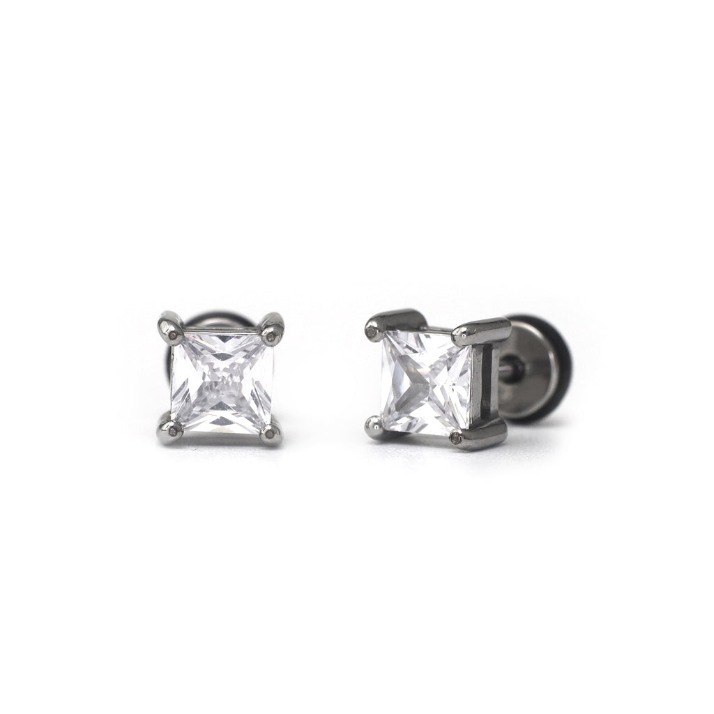 PAIR OF Minimalist Square CZ Stainless Steel Ear Studs