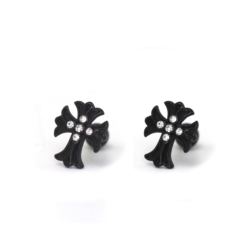 PAIR OF 16G CZ Chrome Hearts Style Cross Stainless Steel Ear Studs