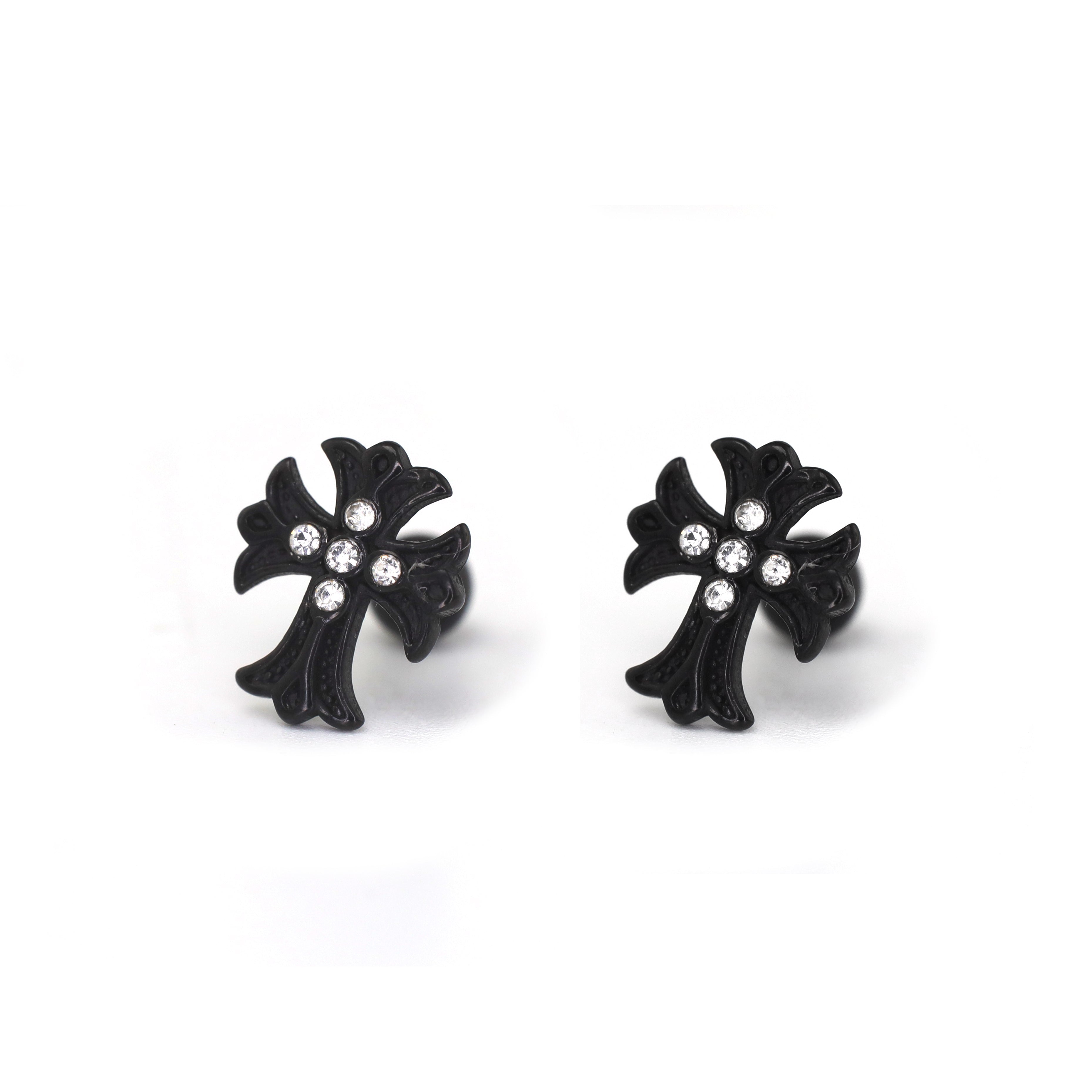 PAIR OF 16G CZ Chrome Hearts Style Cross Stainless Steel Ear Studs