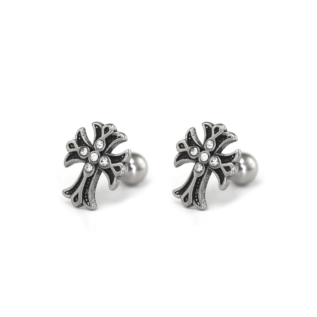 PAIR OF 16G CZ Chrome Hearts Style Cross Stainless Steel Ear Studs