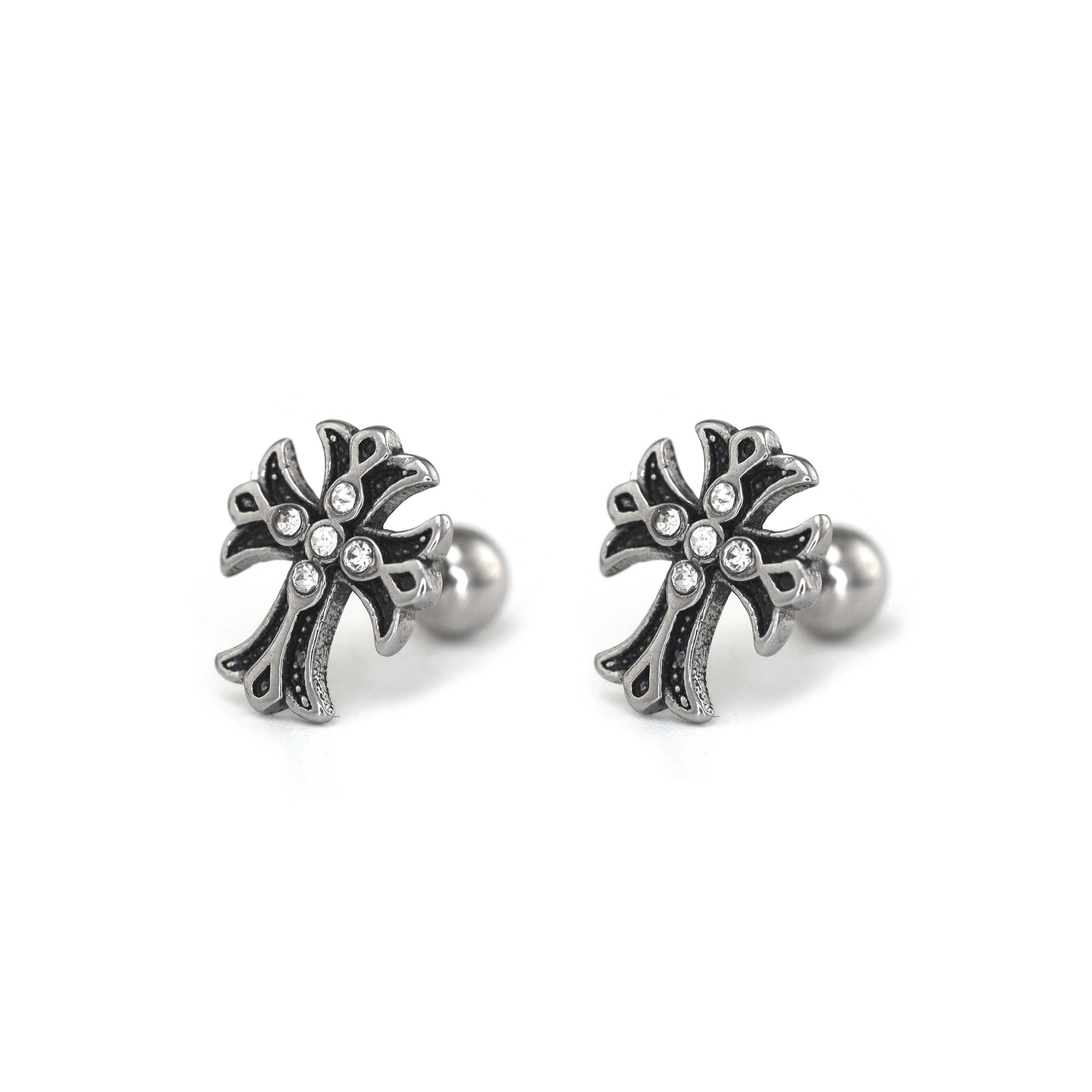 PAIR OF 16G CZ Chrome Hearts Style Cross Stainless Steel Ear Studs