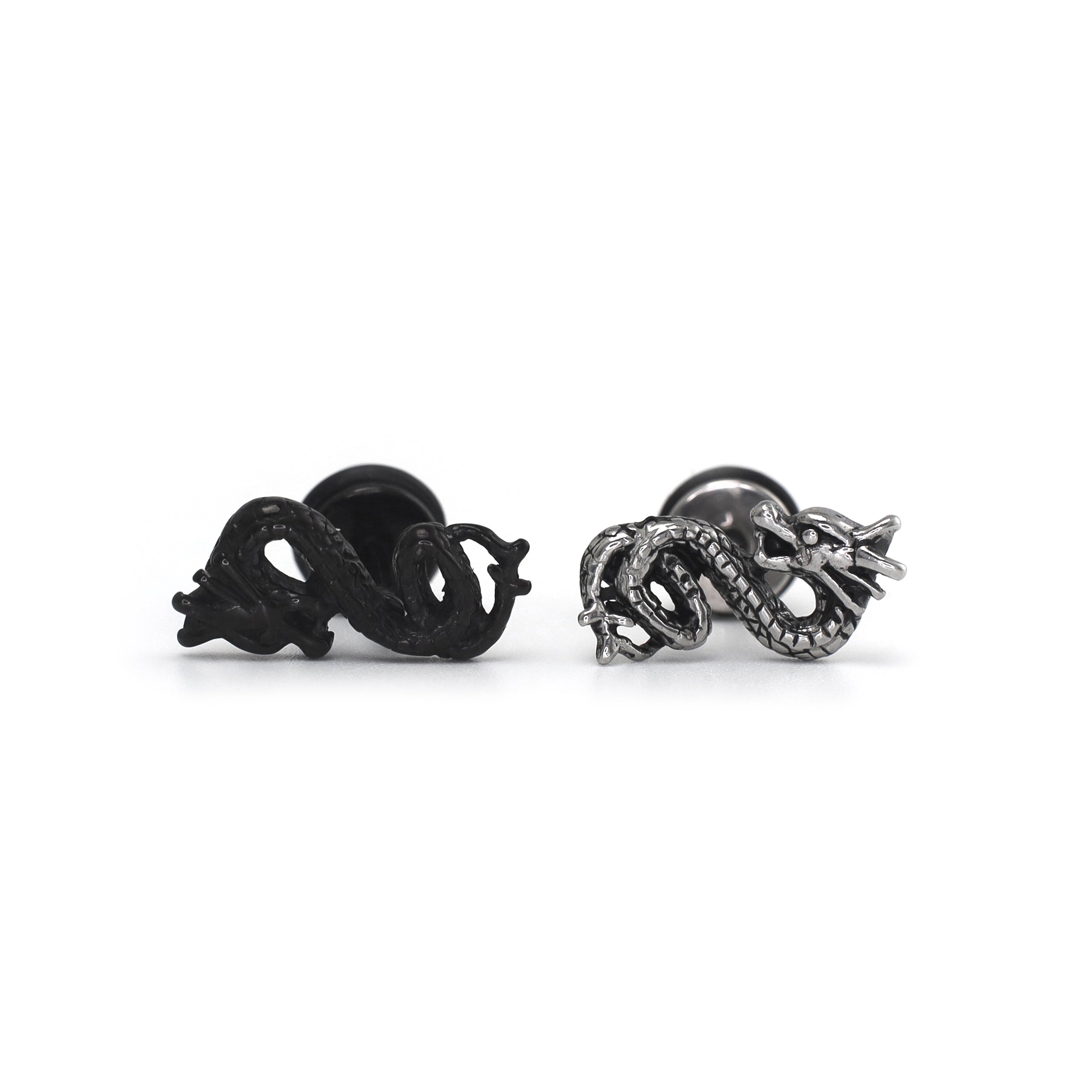 PAIR OF Engraved Dragon Silver & Black Externally Threaded Stainless Steel Ear Studs