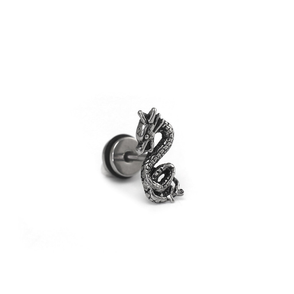 PAIR OF Engraved Dragon Silver & Black Externally Threaded Stainless Steel Ear Studs