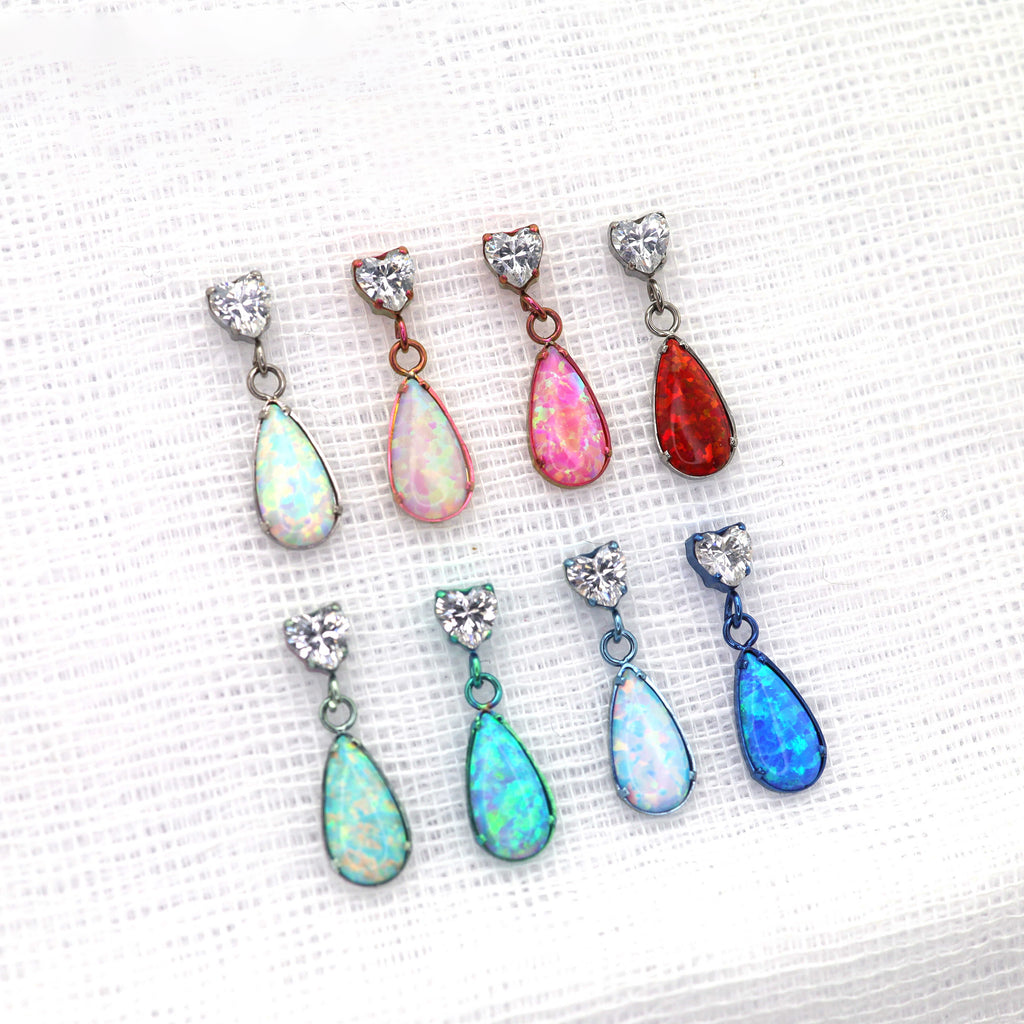 Heart CZ & Opal Teardrop Dangle Titanium Ear Studs