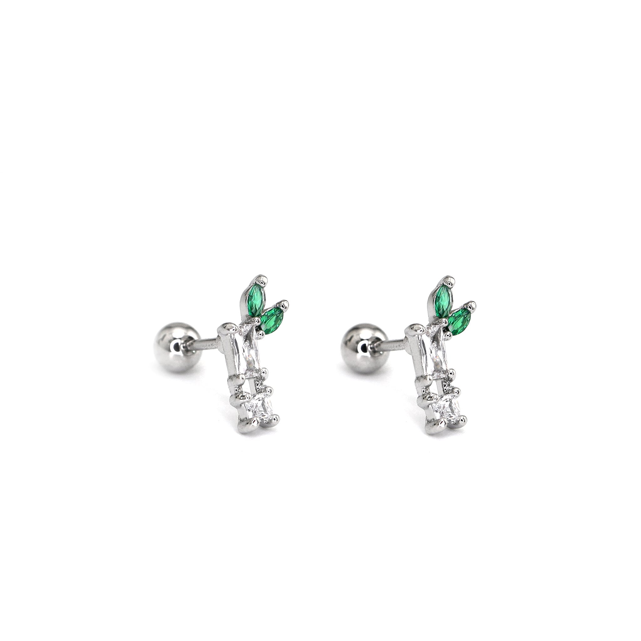 White & Green CZ Bamboo Segment Thin Gauge Ear Studs