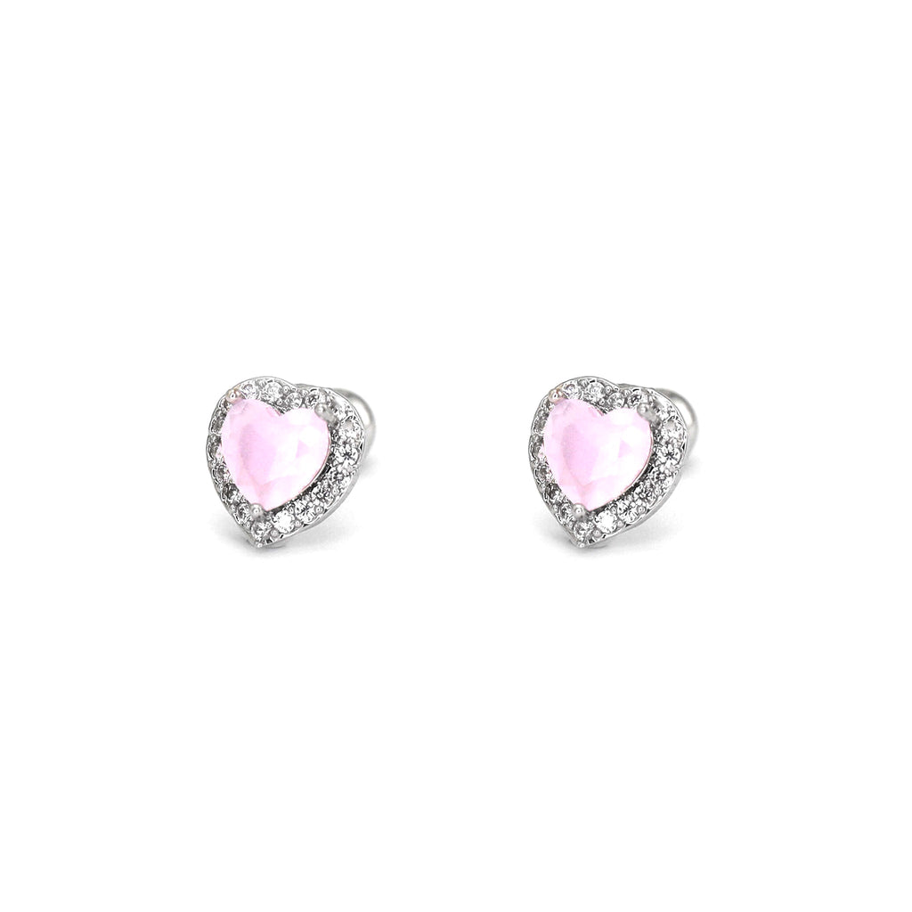 PAIR OF Pink Heart CZ Micro-Pave Thin Gauge Ear Studs