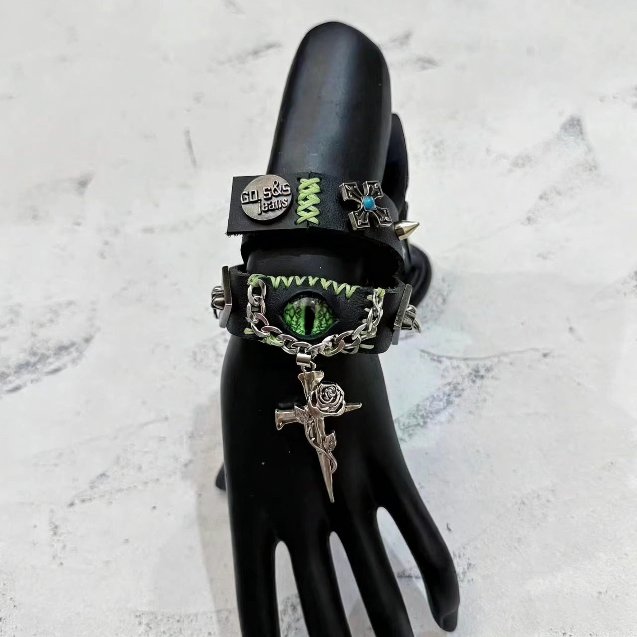 2-in-1 Gothic Black Leather Choker & Wrap Bracelet - Green Dragon Eye Necklace - Gun & Rose Charm - Toxic Punk Style