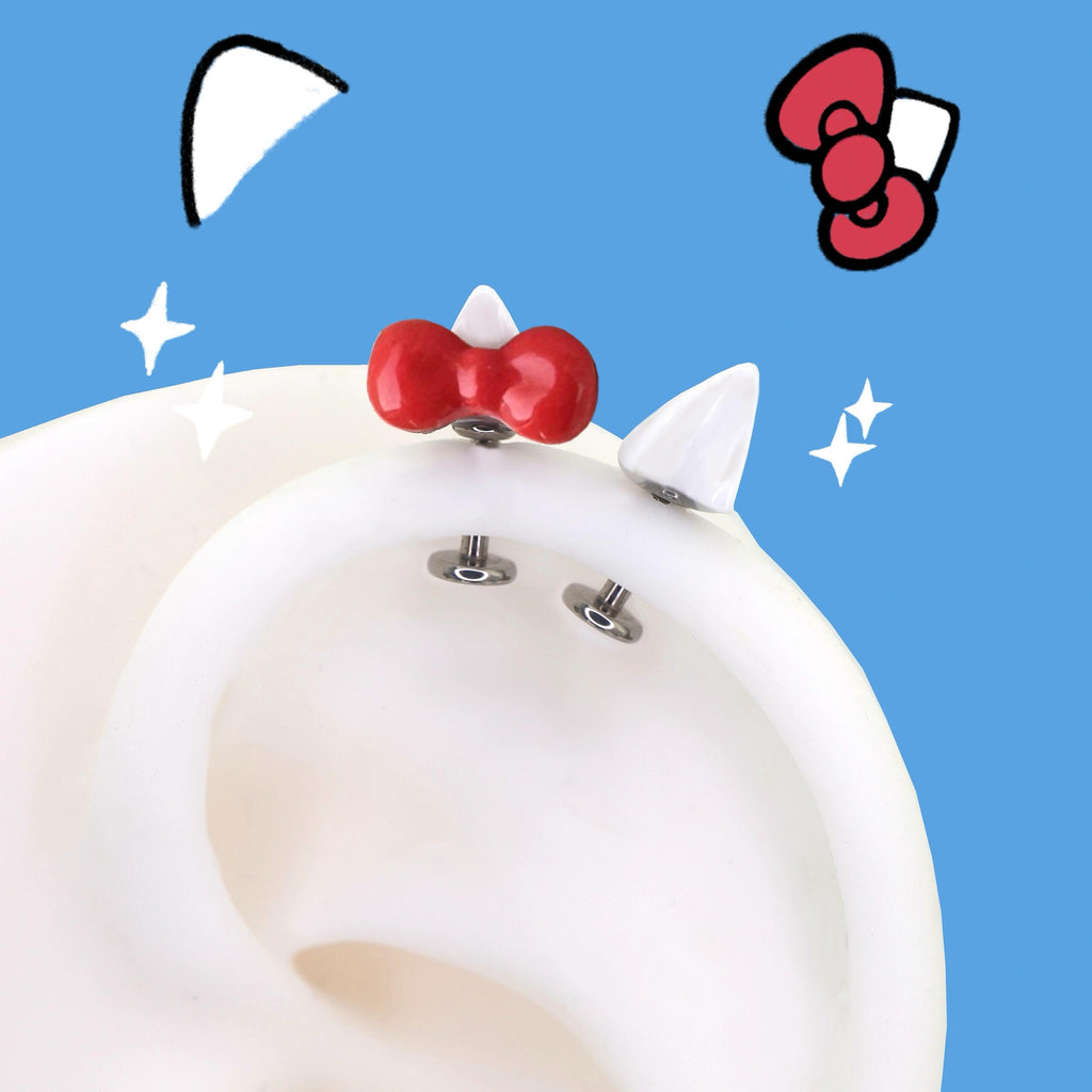 Paws & Purrs - Cute Kitty Bow Titanium Helix Studs