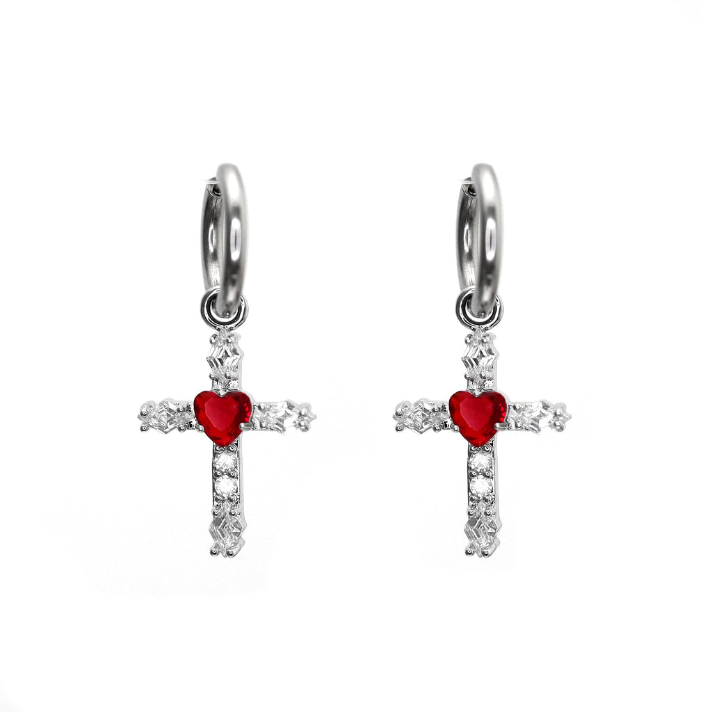 PAIR OF Heart CZ Large Cross stainless steel Earrings