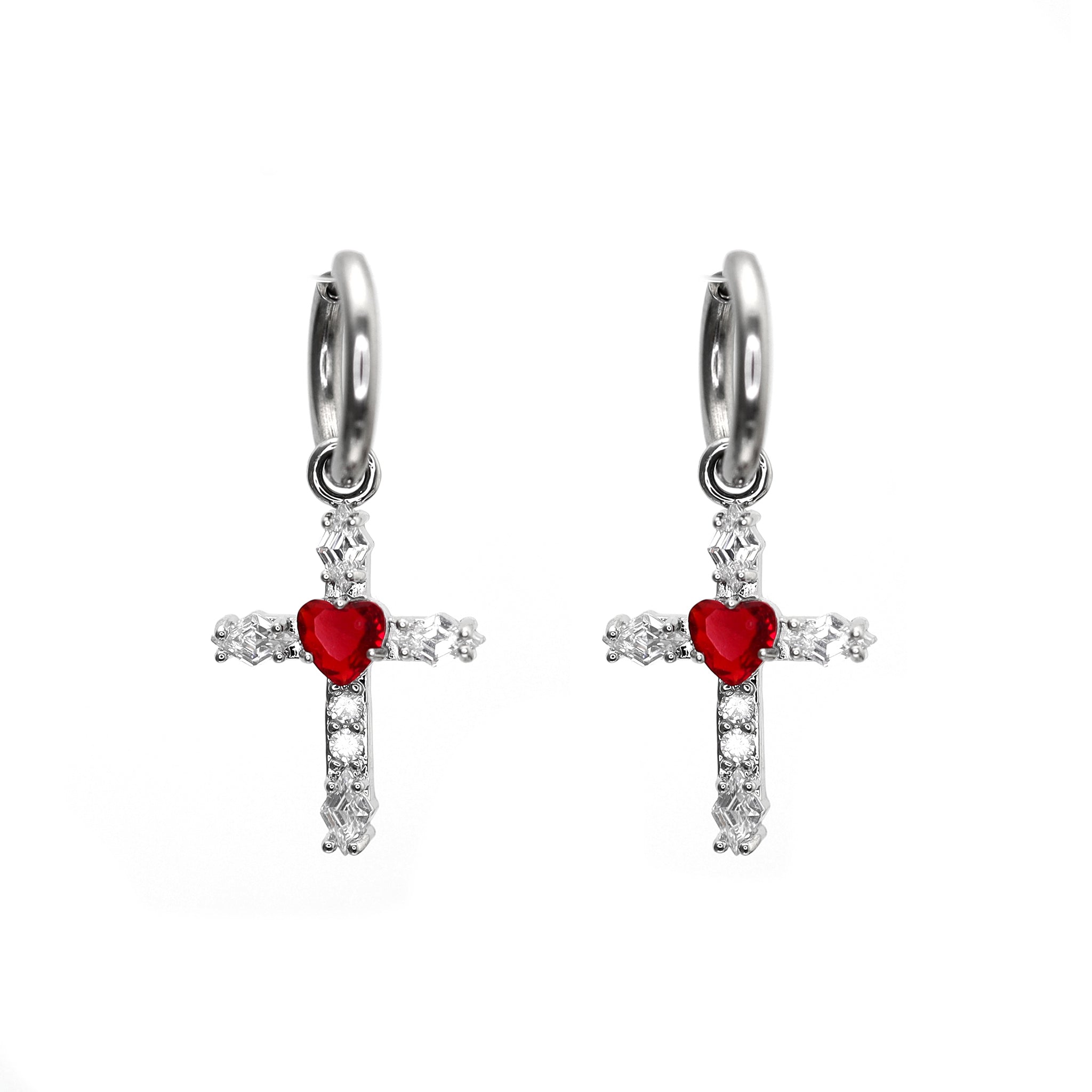 PAIR OF Heart CZ Large Cross stainless steel Earrings