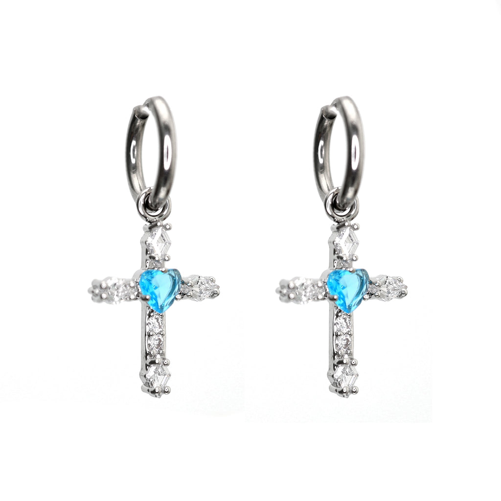 PAIR OF Heart CZ Large Cross stainless steel Earrings