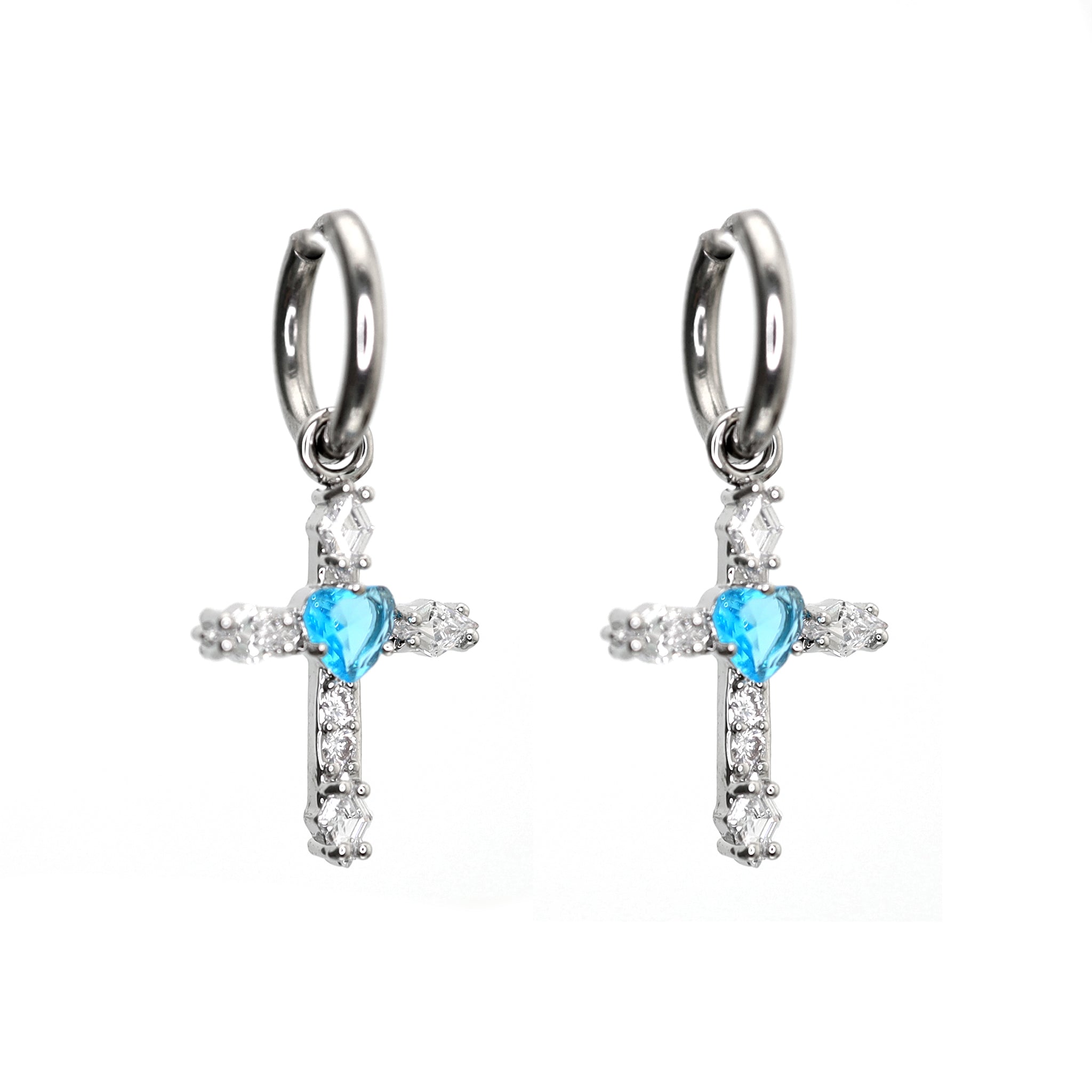 PAIR OF Heart CZ Large Cross stainless steel Earrings