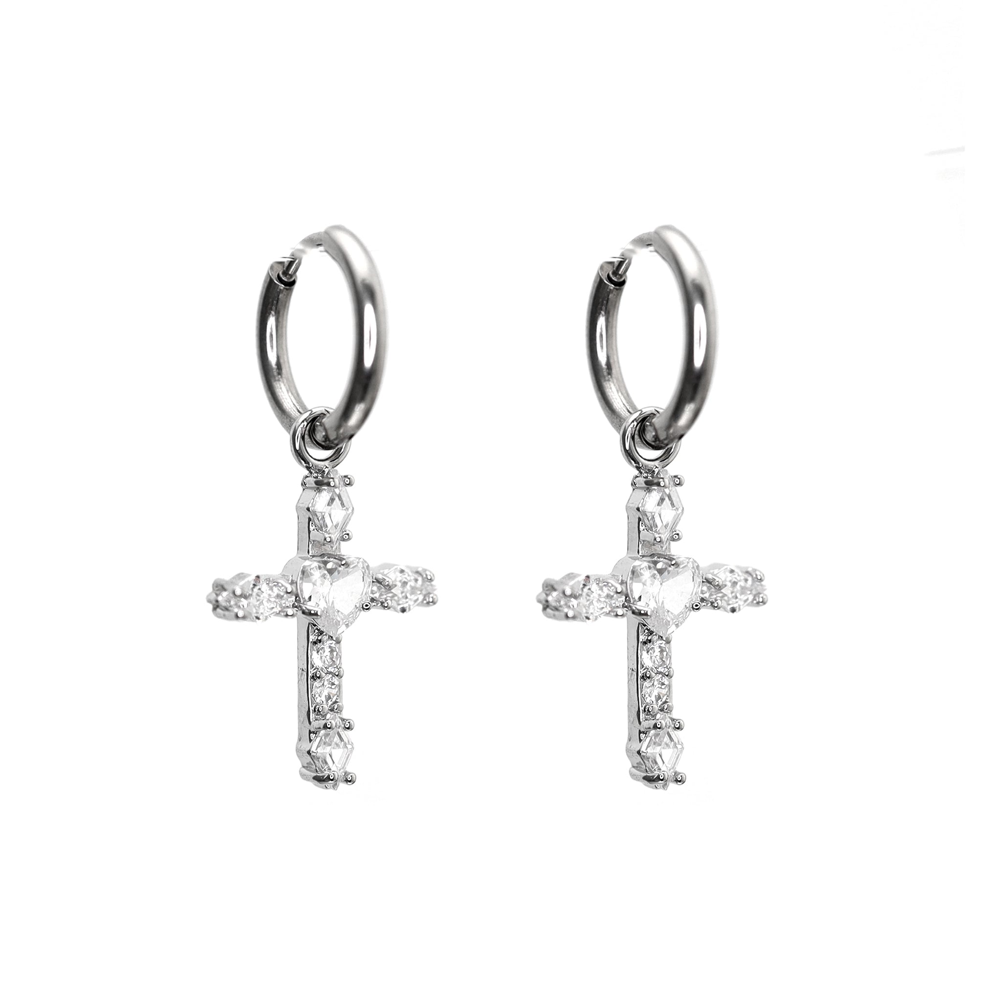 PAIR OF Heart CZ Large Cross stainless steel Earrings