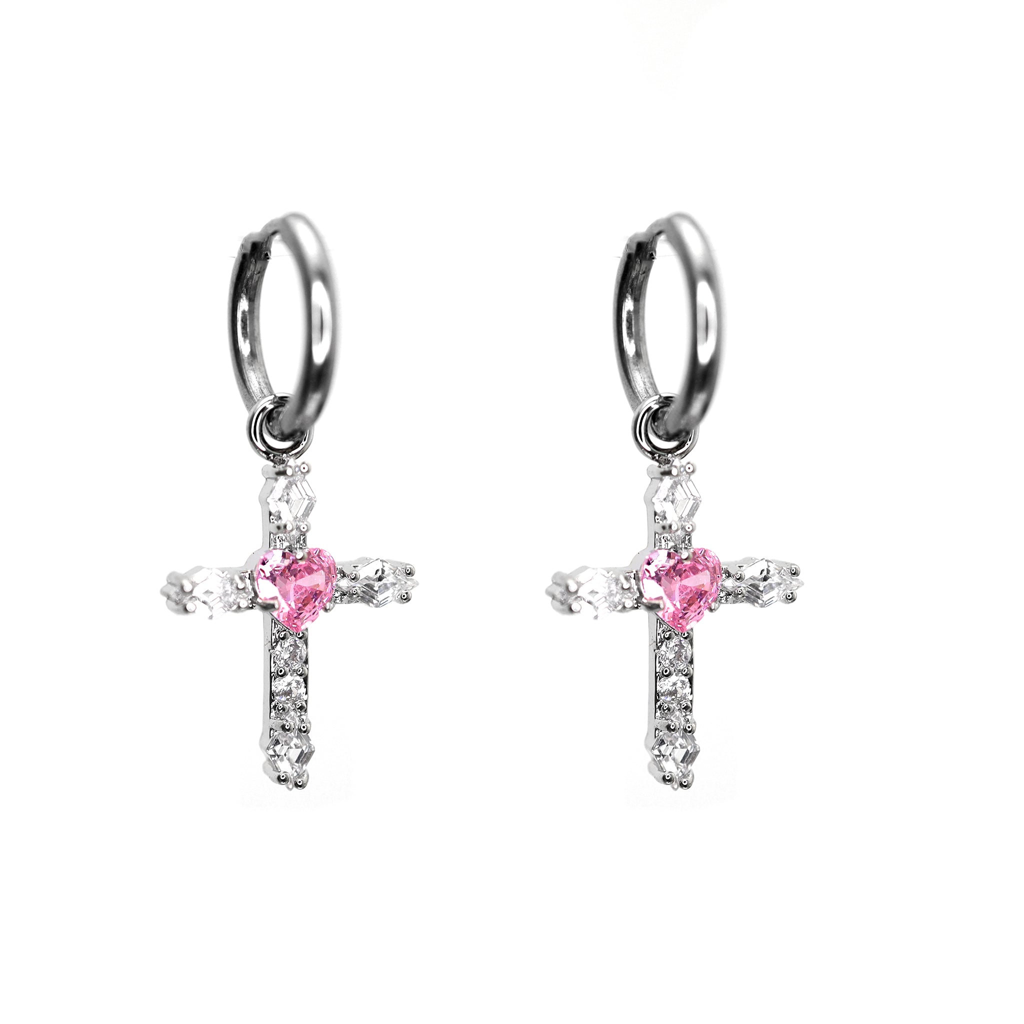 PAIR OF Heart CZ Large Cross stainless steel Earrings