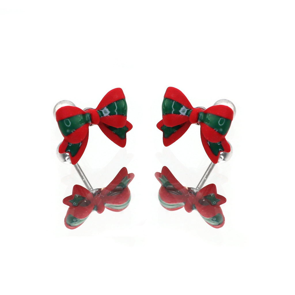 Red & Green Bow stainless steel Ear Studs