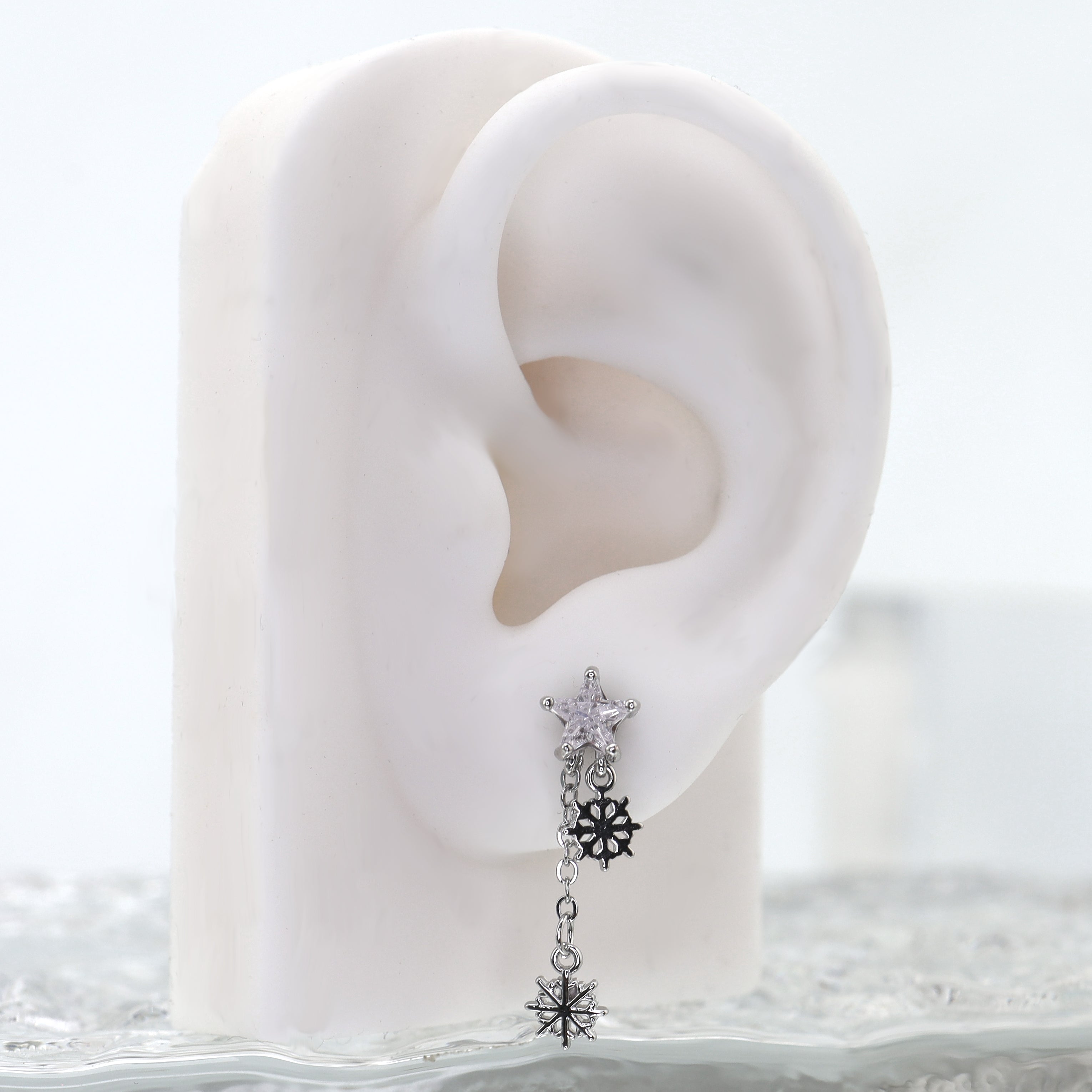 Christmas - PAIR OF Snowflake Pentagram Dangle Stainless Steel Ear Studs