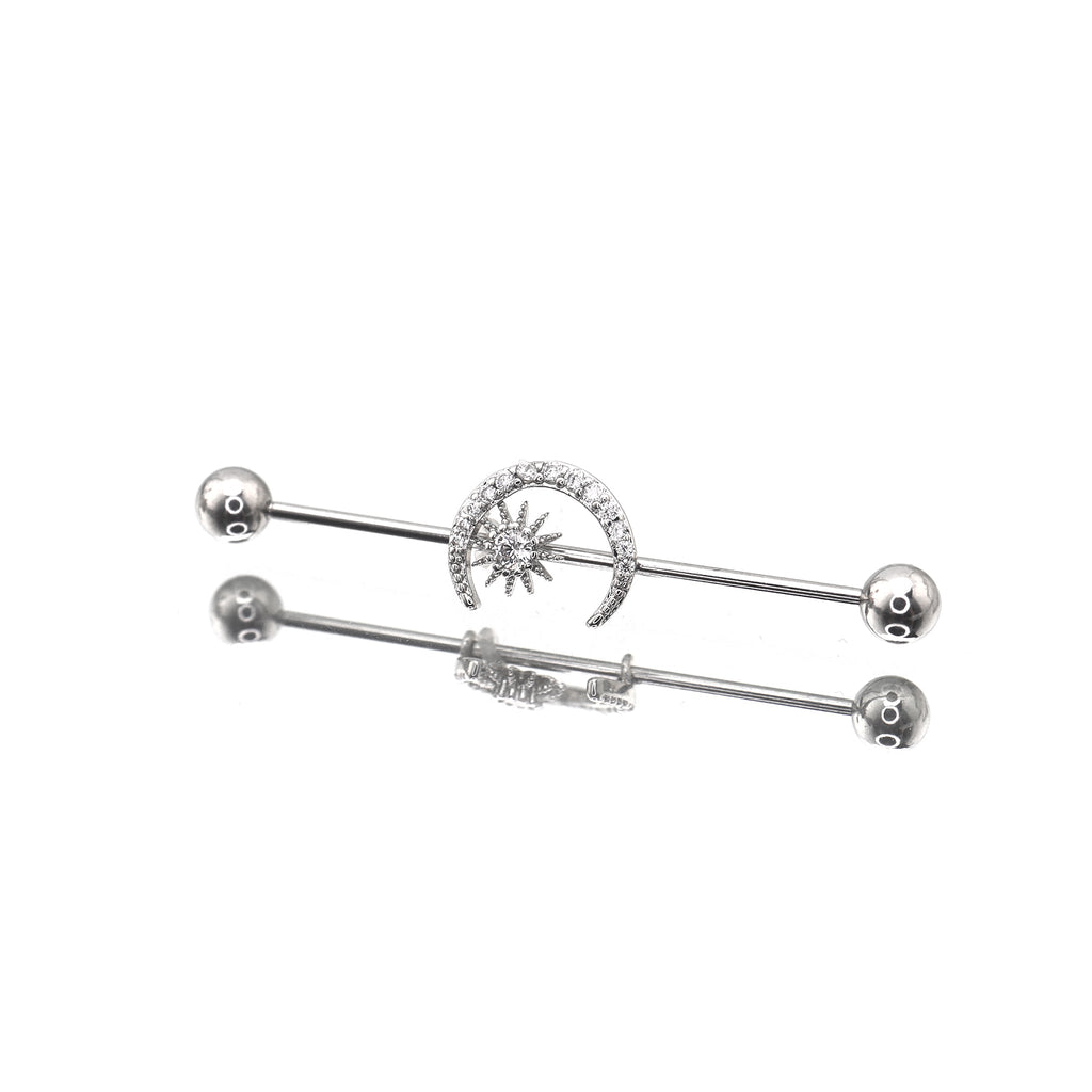 Moon & Sun CZ stainless steel Industrial Barbell