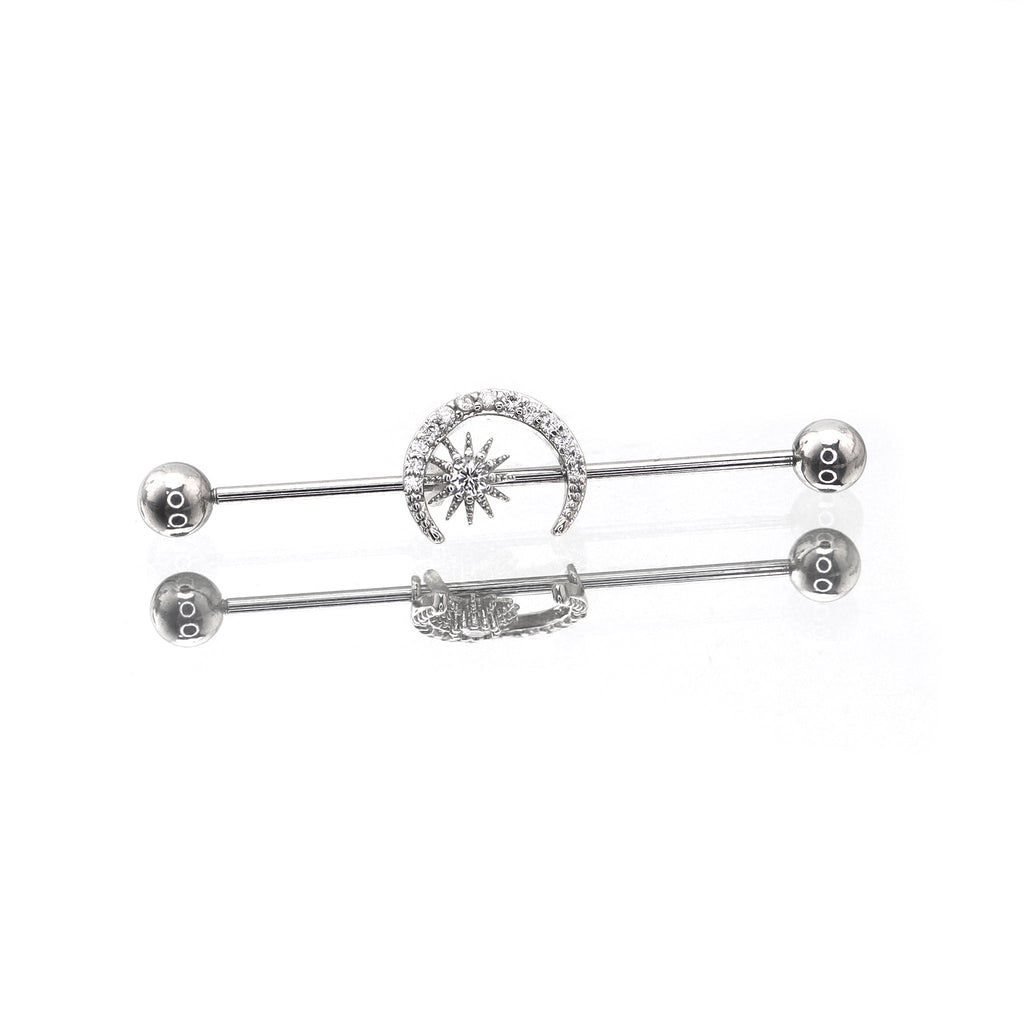 Moon & Sun CZ stainless steel Industrial Barbell