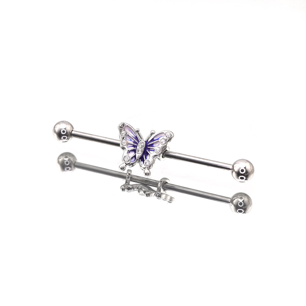 Blue & White Epoxy Gradient Butterfly stainless steel Industrial Barbell