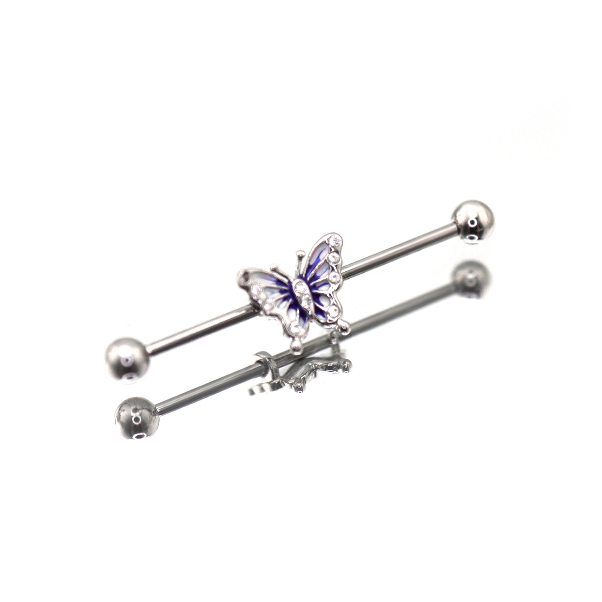 Blue & White Epoxy Gradient Butterfly stainless steel Industrial Barbell