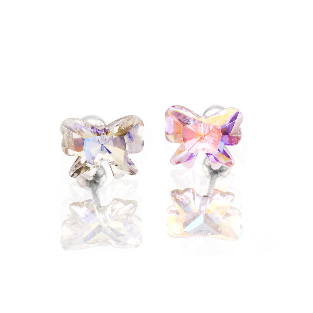 PAIR OF Sweet Bow Refractive CZ stainless steel Ear Studs