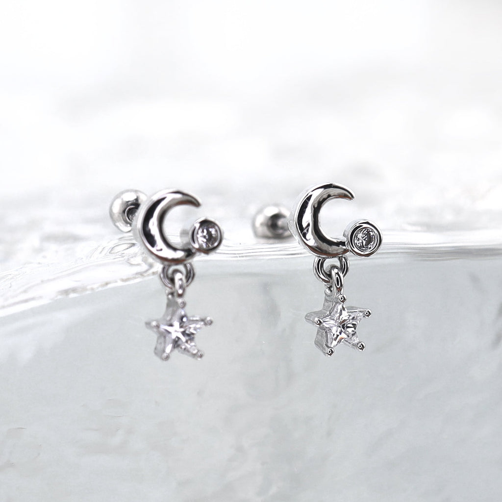 Star & Moon Dangle stainless steel Ear Studs