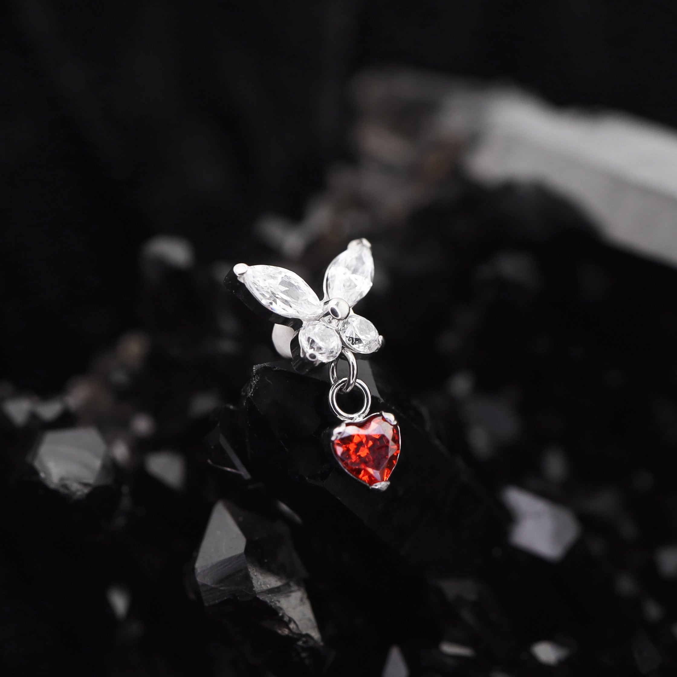Butterfly & Heart Pendant CZ Titanium Labret Studs