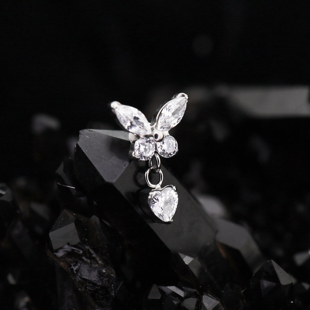 Butterfly & Heart Pendant CZ Titanium Labret Studs
