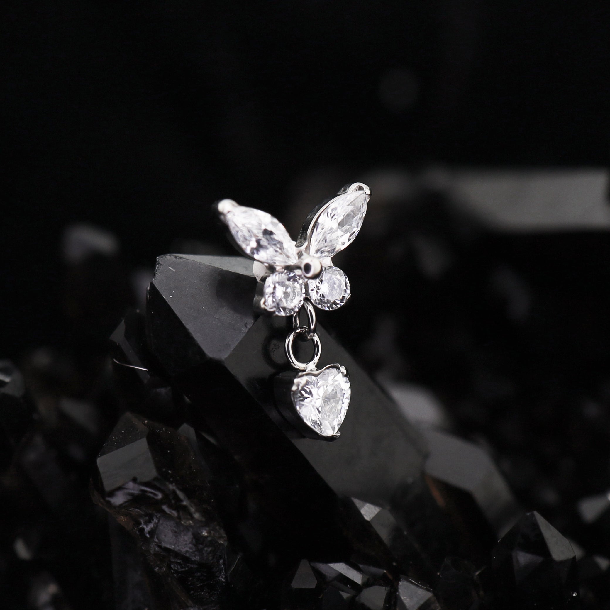 Butterfly & Heart Pendant CZ Titanium Labret Studs