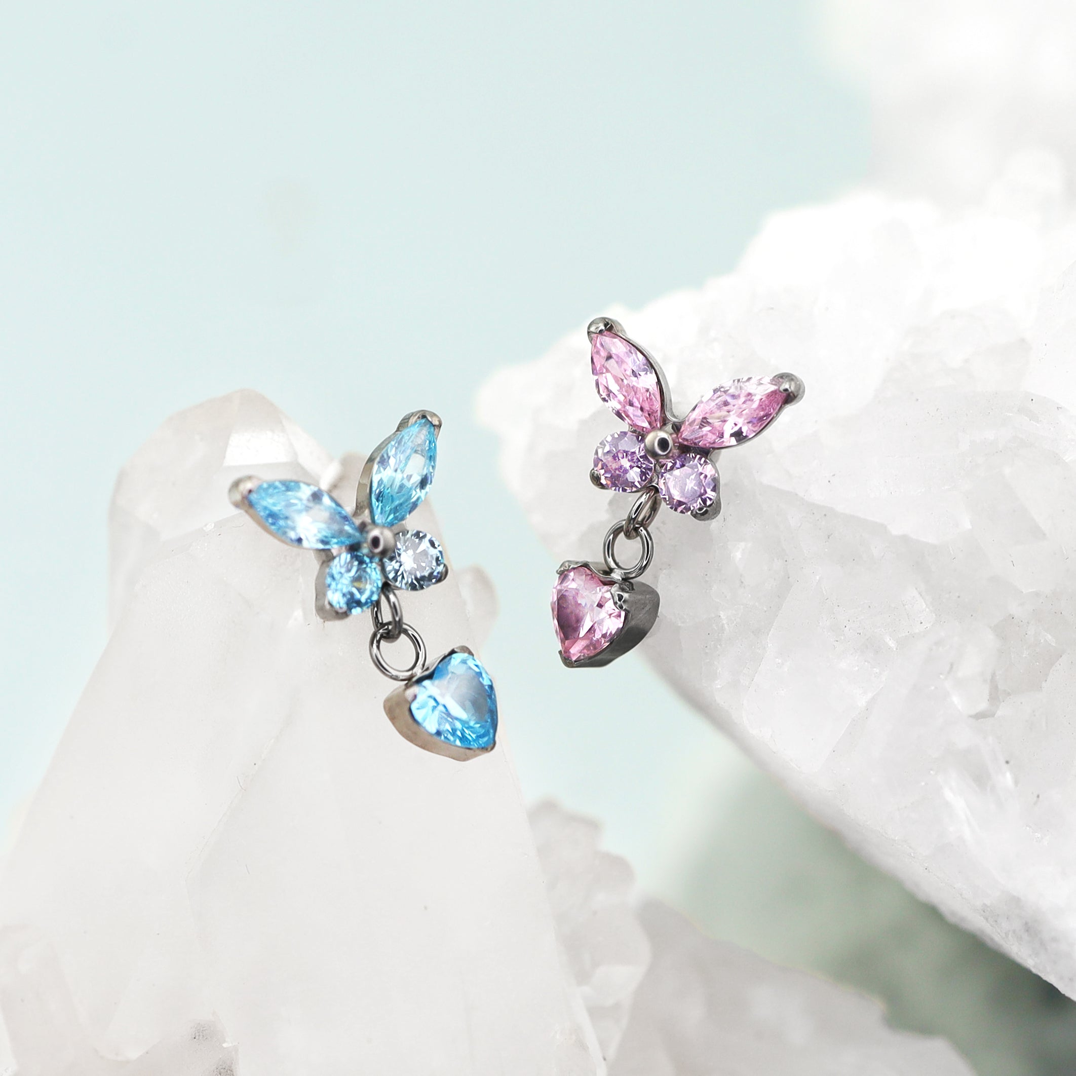 Butterfly & Heart Pendant CZ Titanium Labret Studs