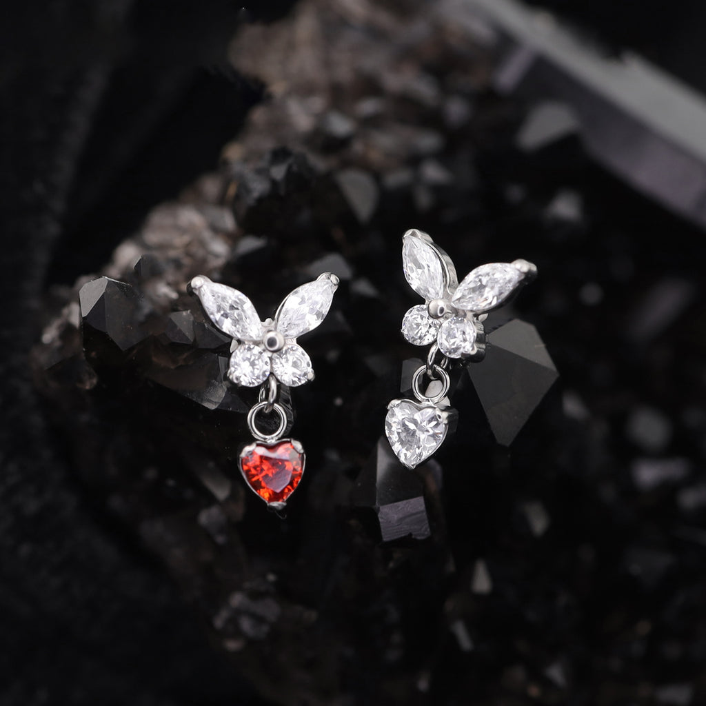 Butterfly & Heart Pendant CZ Titanium Labret Studs