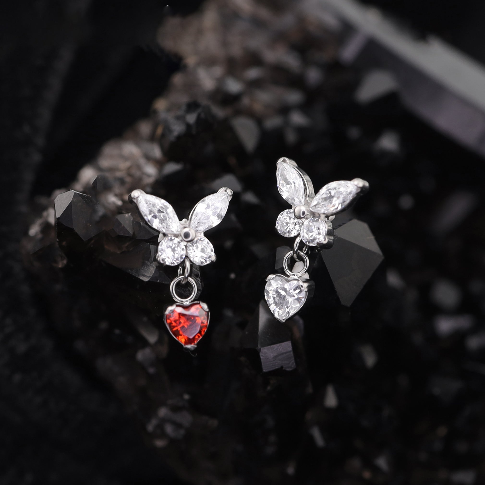 Butterfly & Heart Pendant CZ Titanium Labret Studs