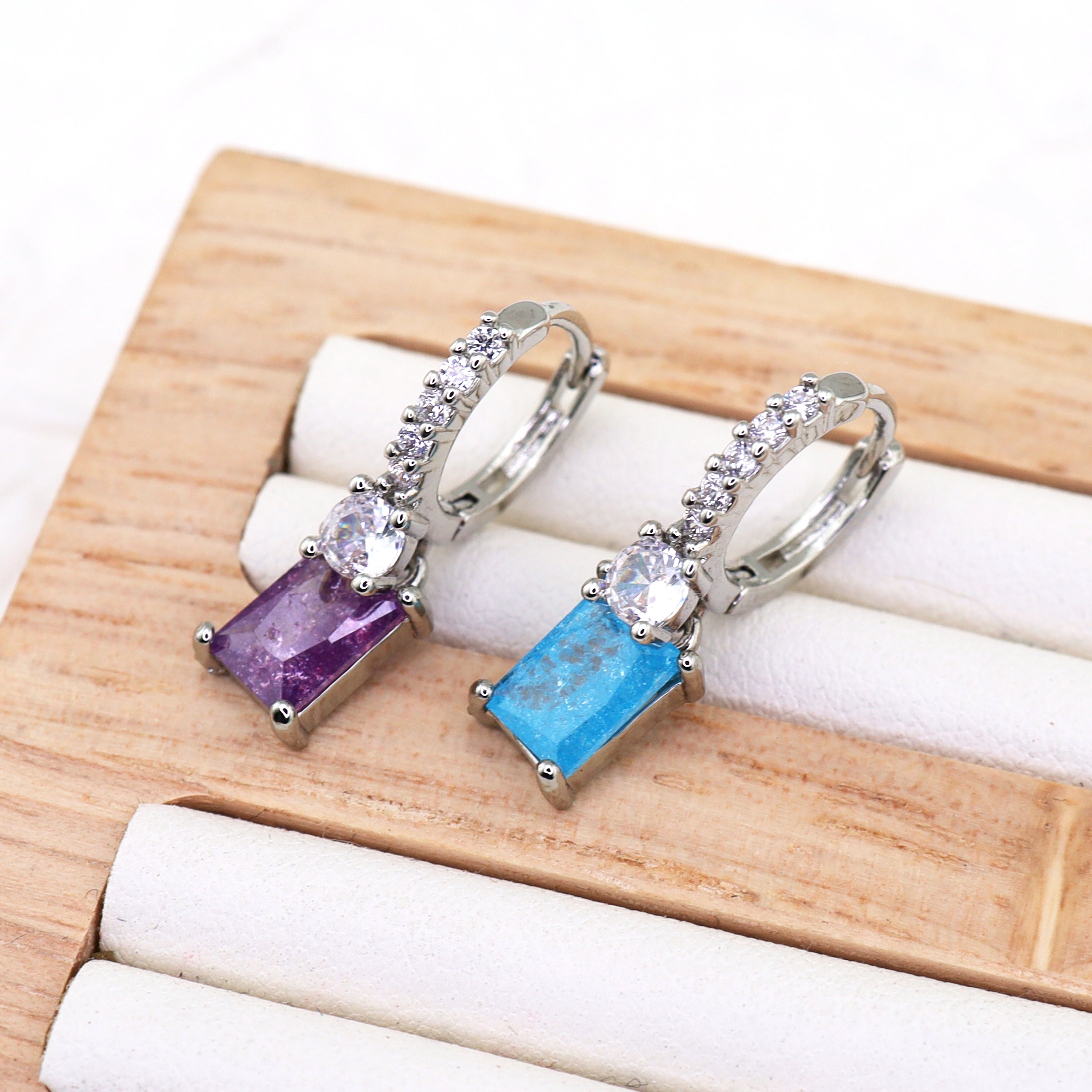 PAIR OF Blue & Purple Square CZ Pendant tainless steel Earrings
