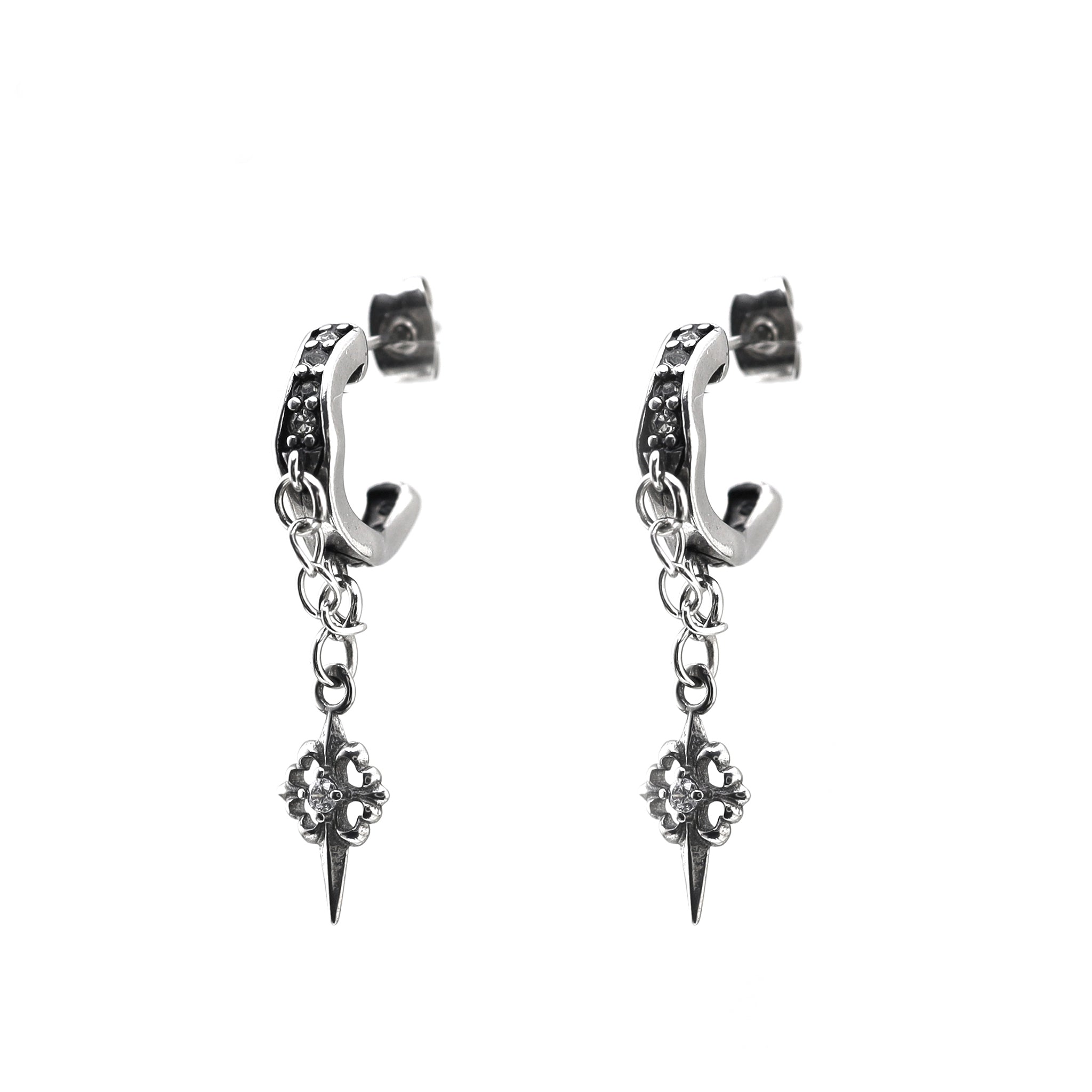 PAIR OF Thin Gauge Cross CZ Drop Chain tainless steel Ear Studs