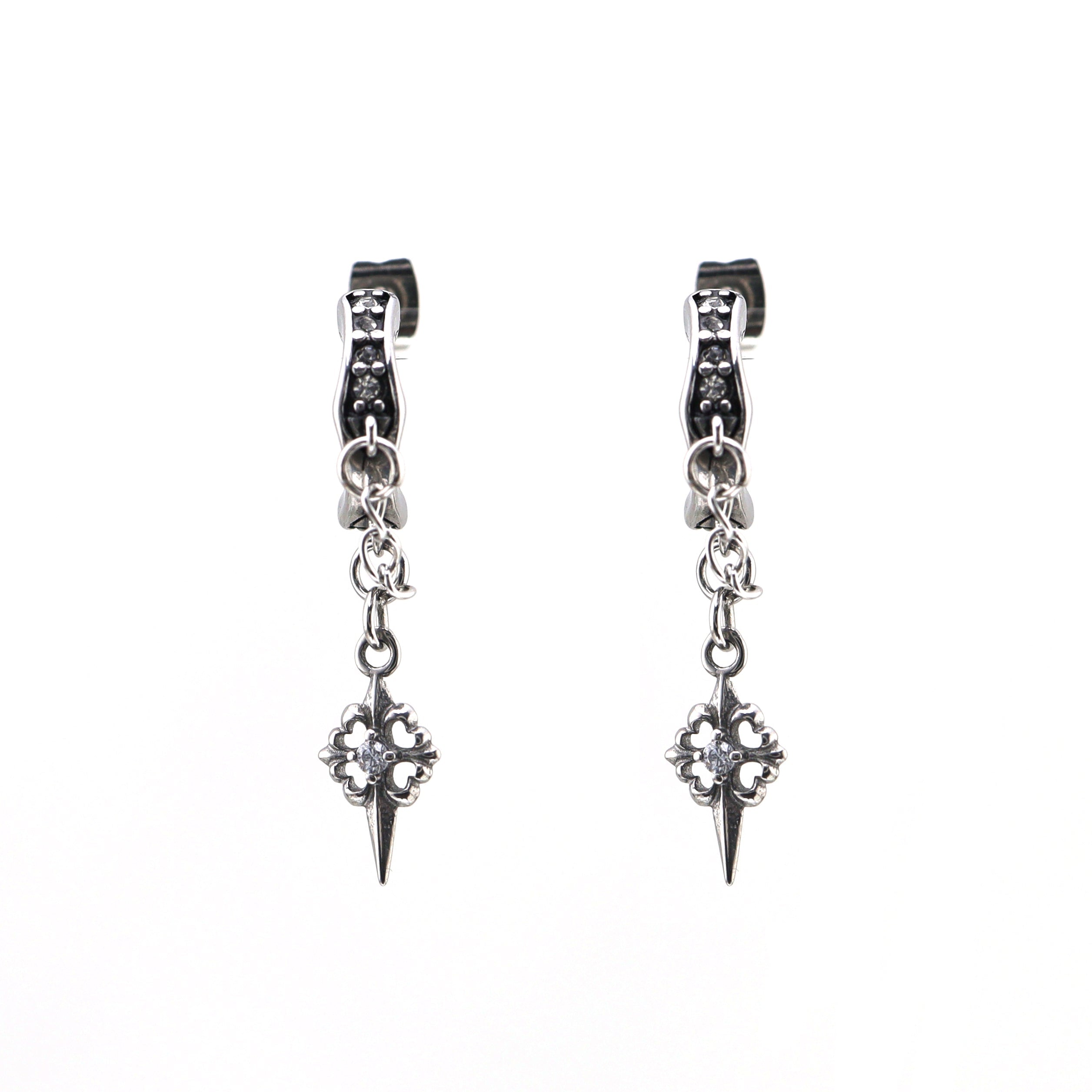 PAIR OF Thin Gauge Cross CZ Drop Chain tainless steel Ear Studs