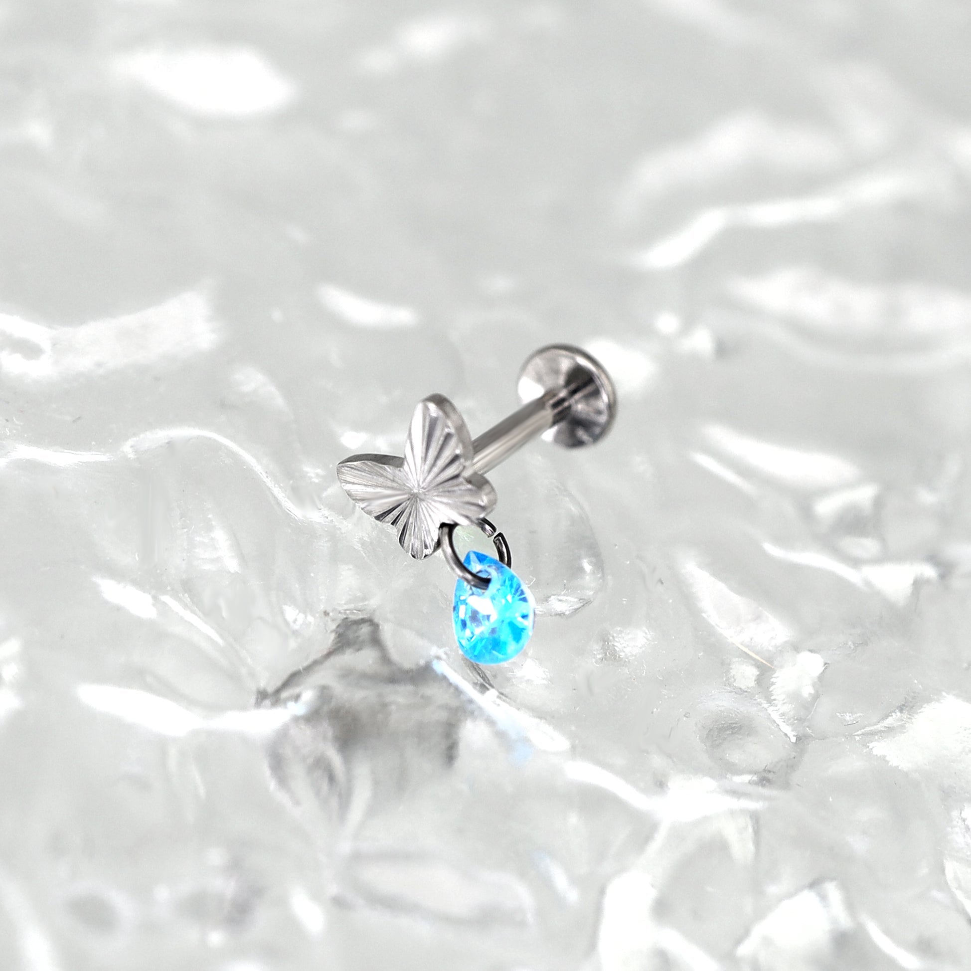 Engraved Butterfly Blue Teardrop Pendant Titanium Labret Studs