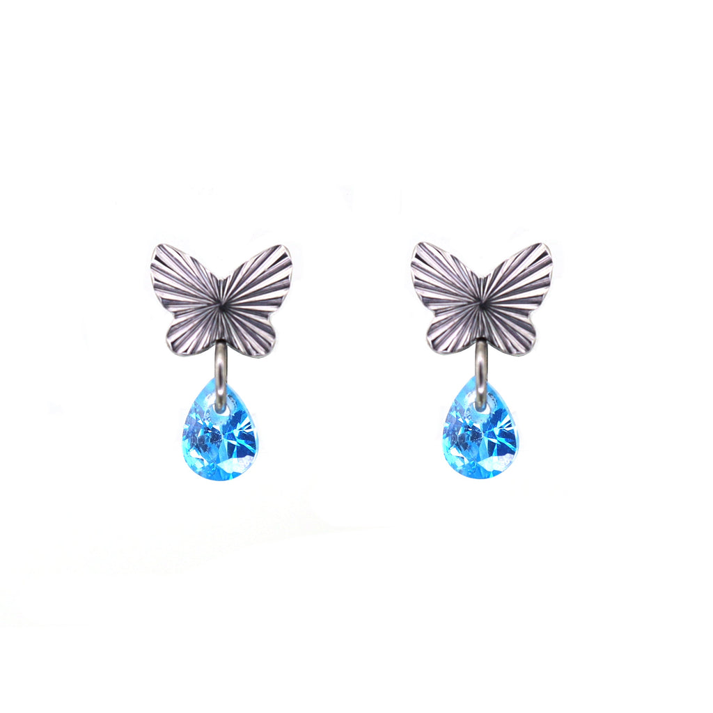 Engraved Butterfly Blue Teardrop Pendant Titanium Labret Studs