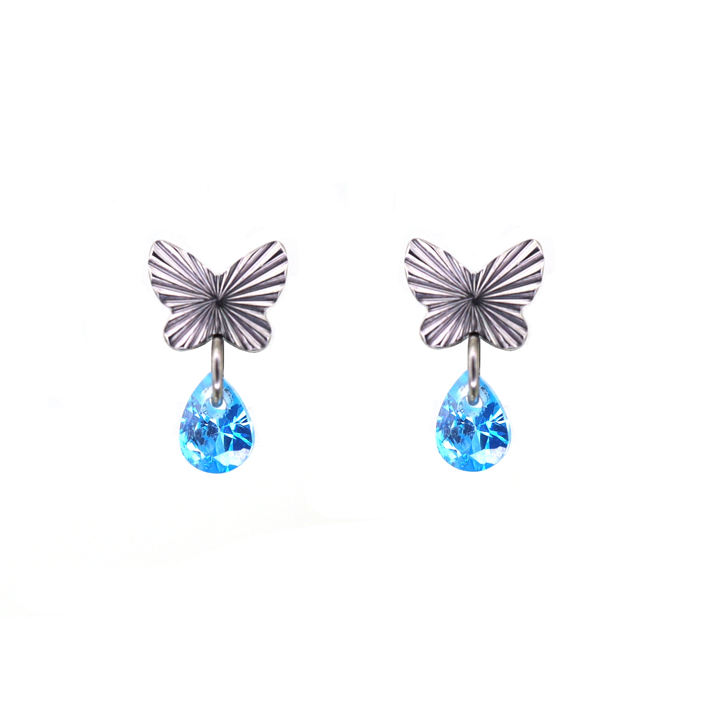 Engraved Butterfly Blue Teardrop Pendant Titanium Labret Studs