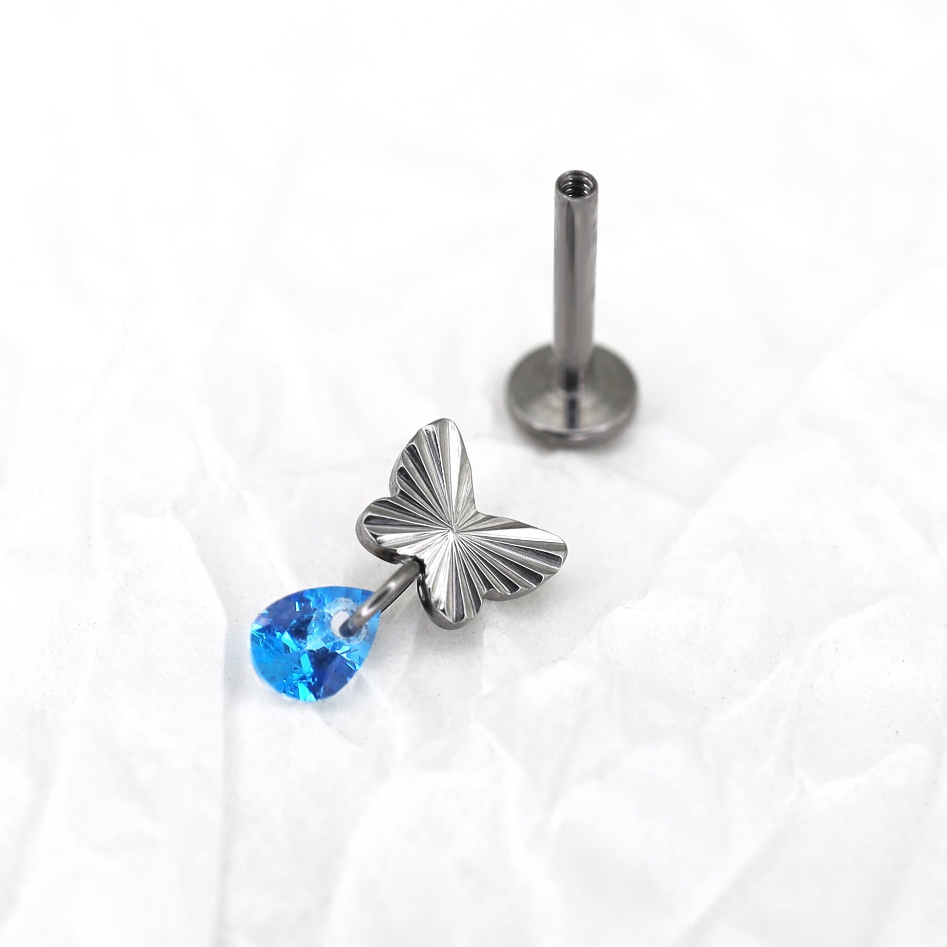 Engraved Butterfly Blue Teardrop Pendant Titanium Labret Studs