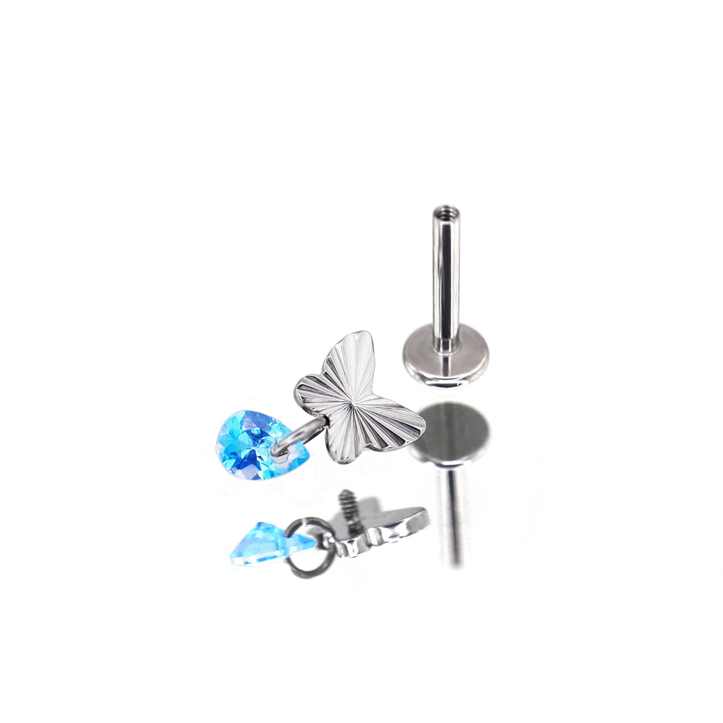 Engraved Butterfly Blue Teardrop Pendant Titanium Labret Studs