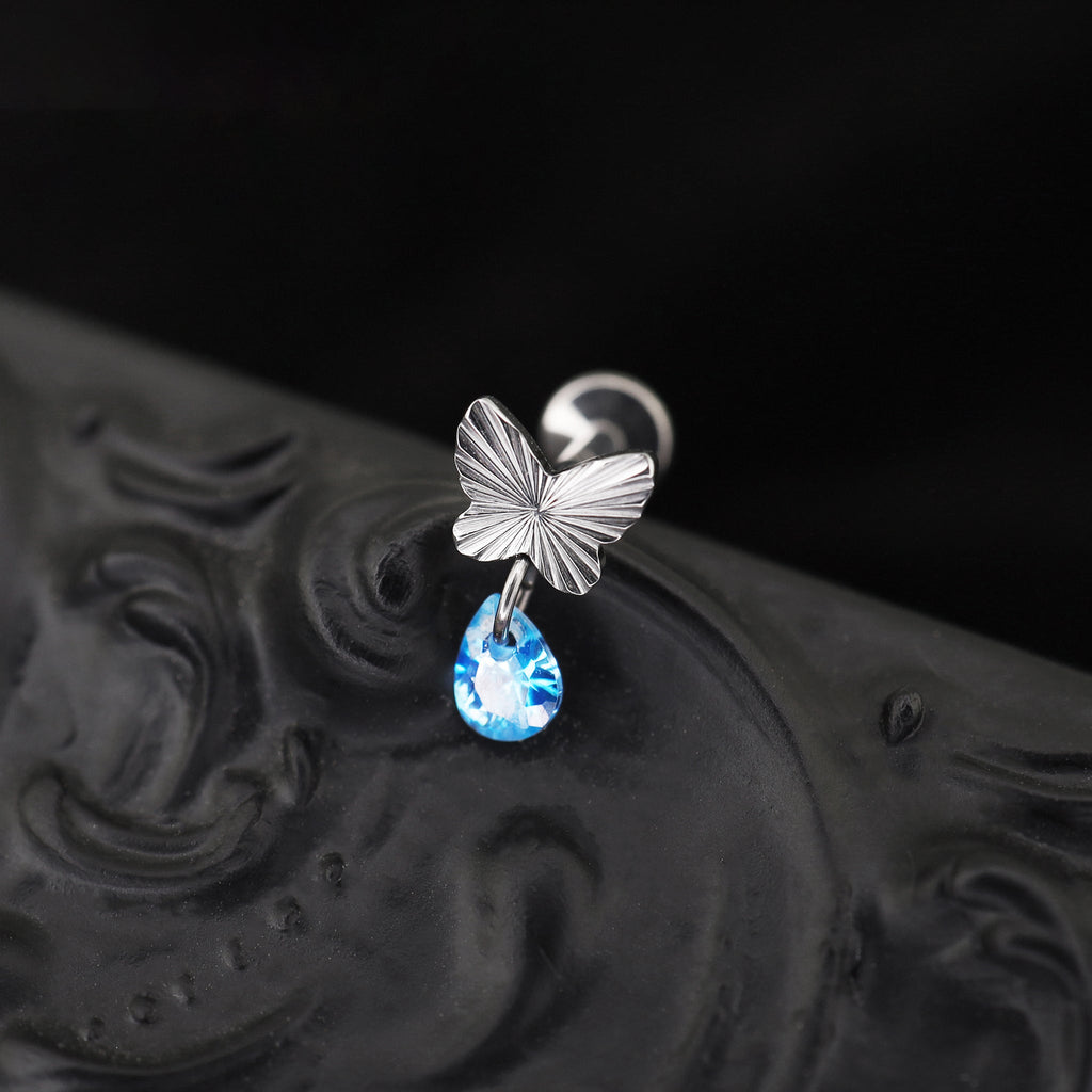 Engraved Butterfly Blue Teardrop Pendant Titanium Labret Studs