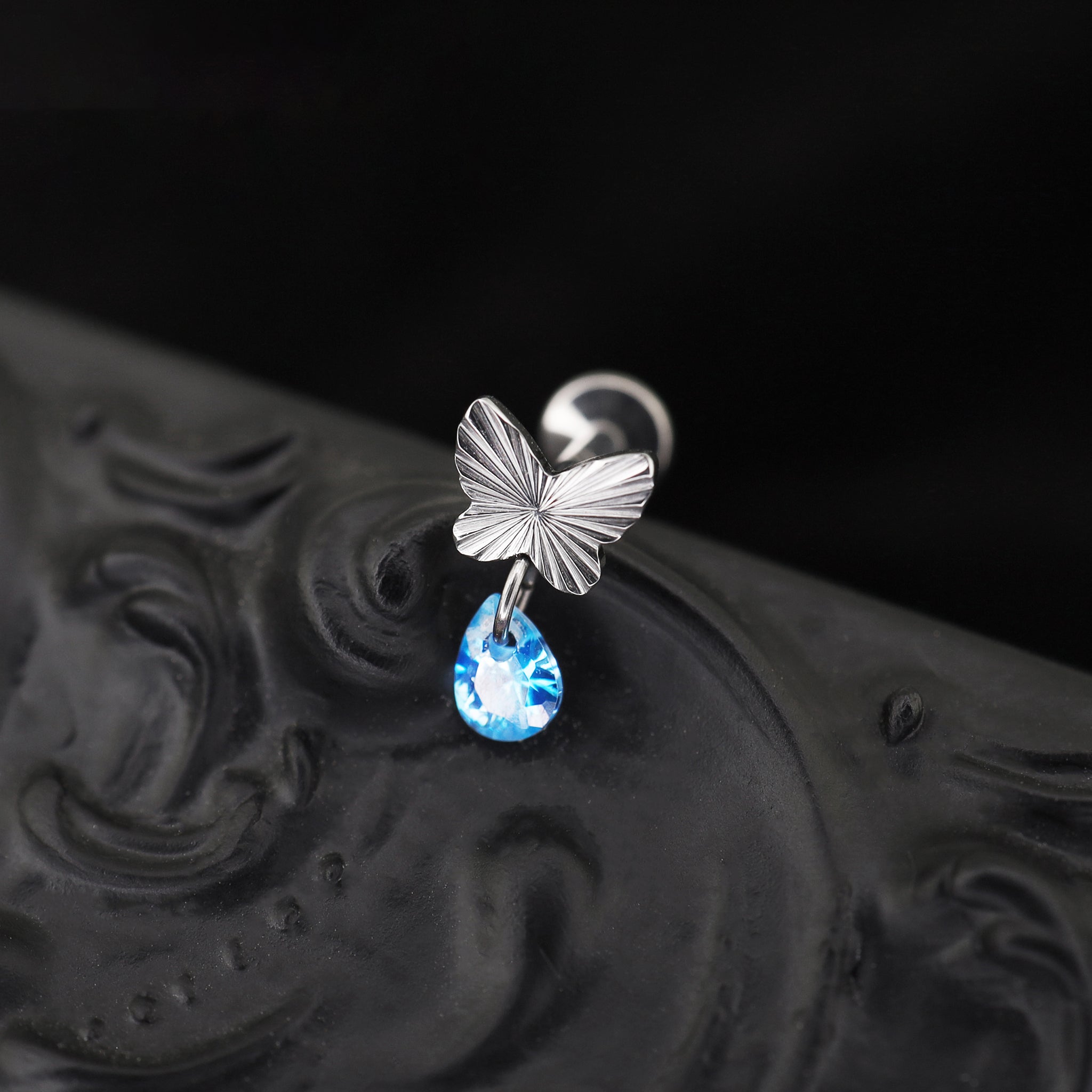 Engraved Butterfly Blue Teardrop Pendant Titanium Labret Studs
