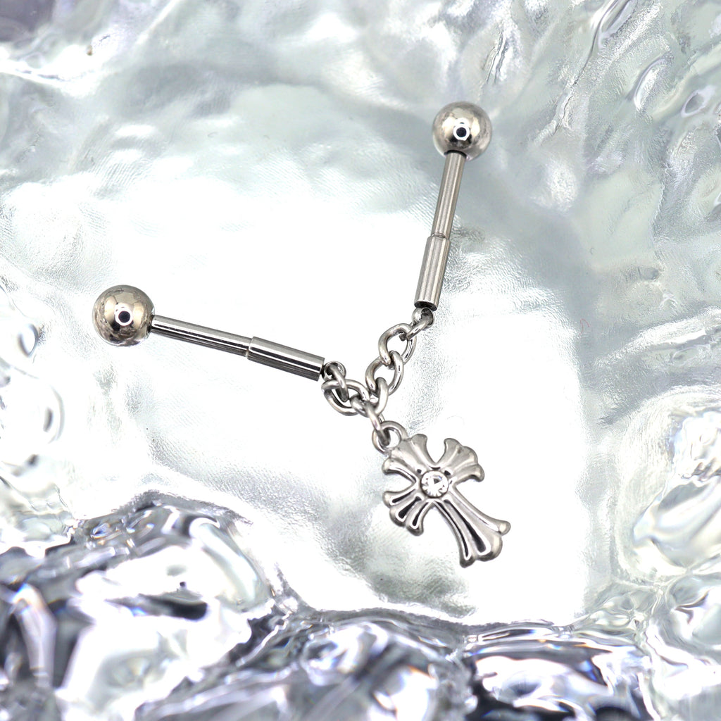Cross CZ Stainless Steel Industrial Barbell Ear Chain
