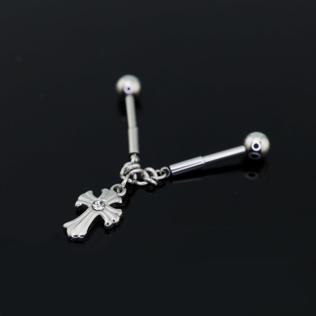 Cross CZ Stainless Steel Industrial Barbell Ear Chain