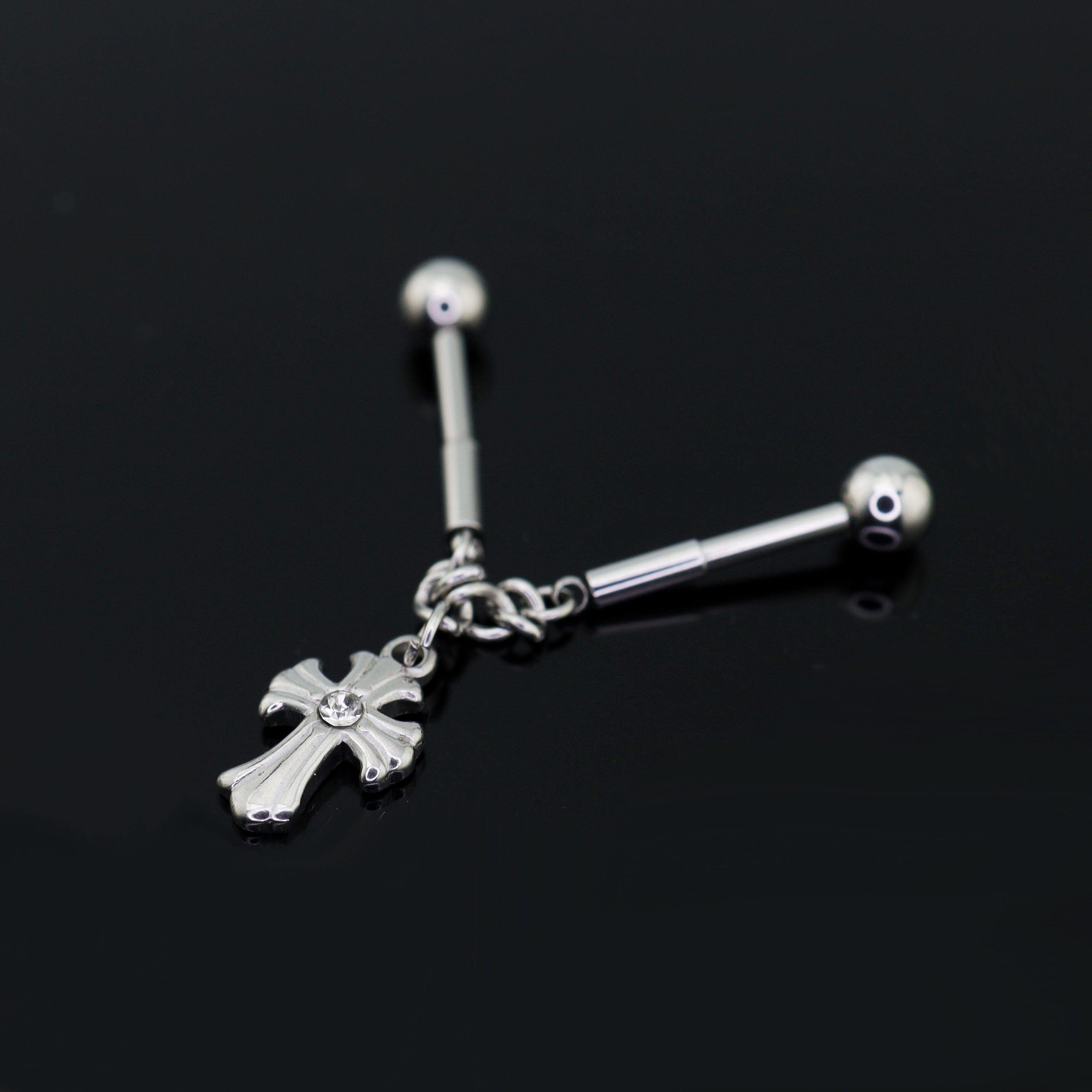 Cross CZ Stainless Steel Industrial Barbell Ear Chain