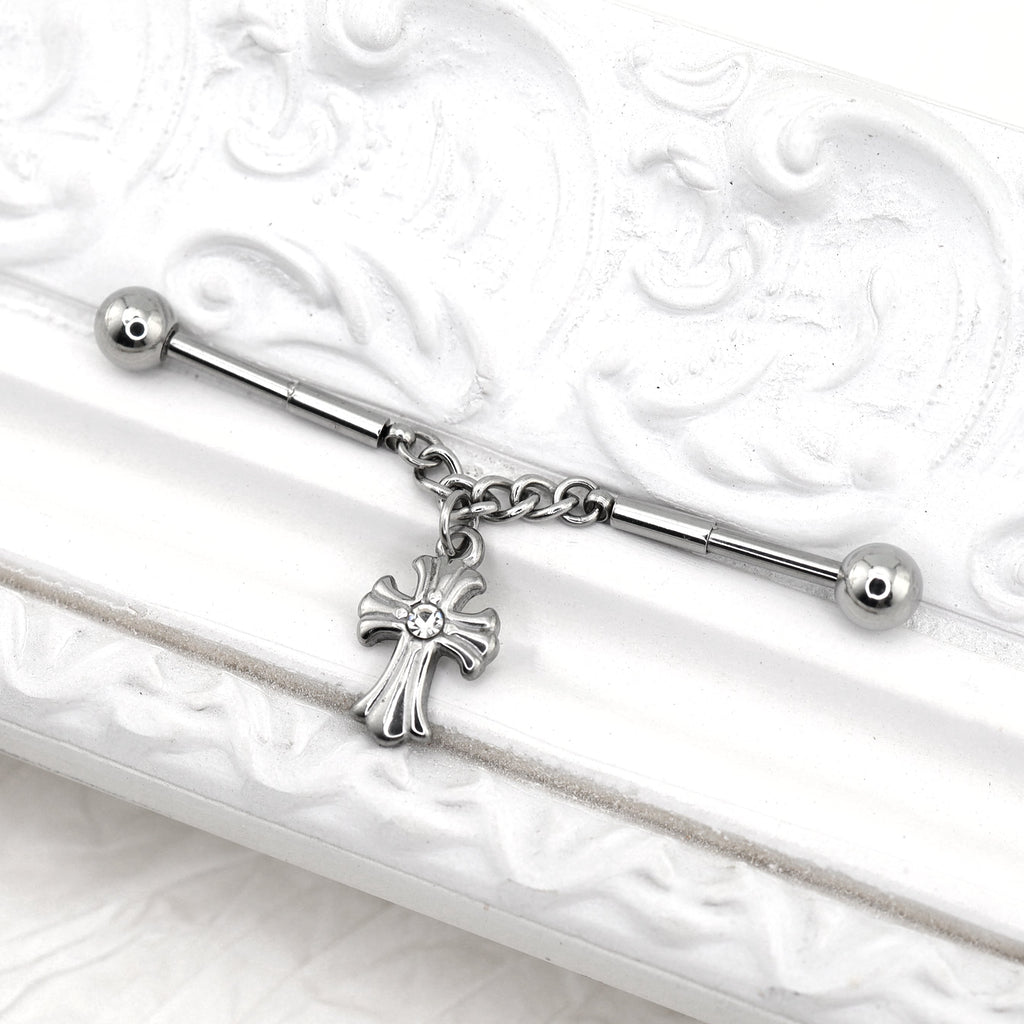 Cross CZ Stainless Steel Industrial Barbell Ear Chain