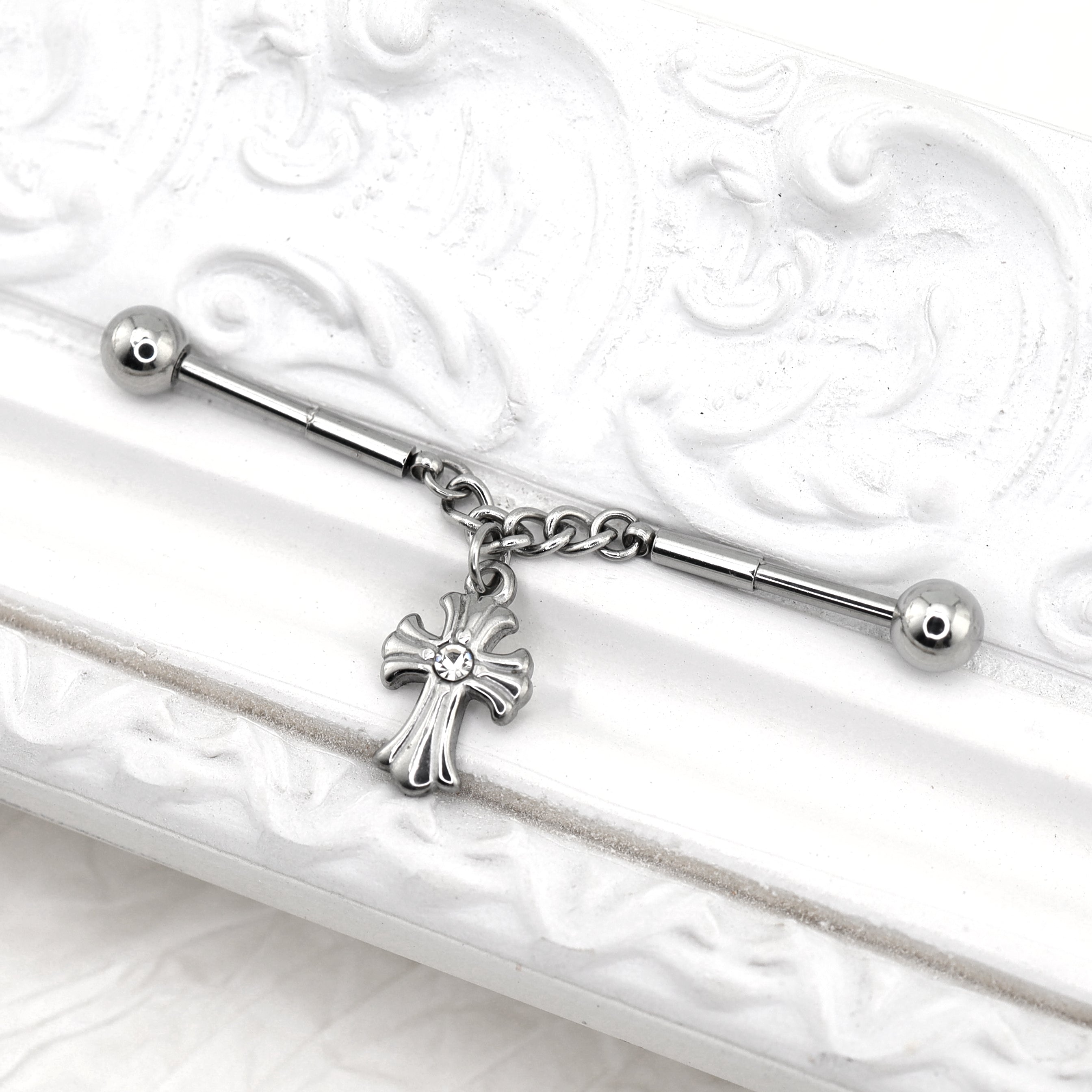 Cross CZ Stainless Steel Industrial Barbell Ear Chain