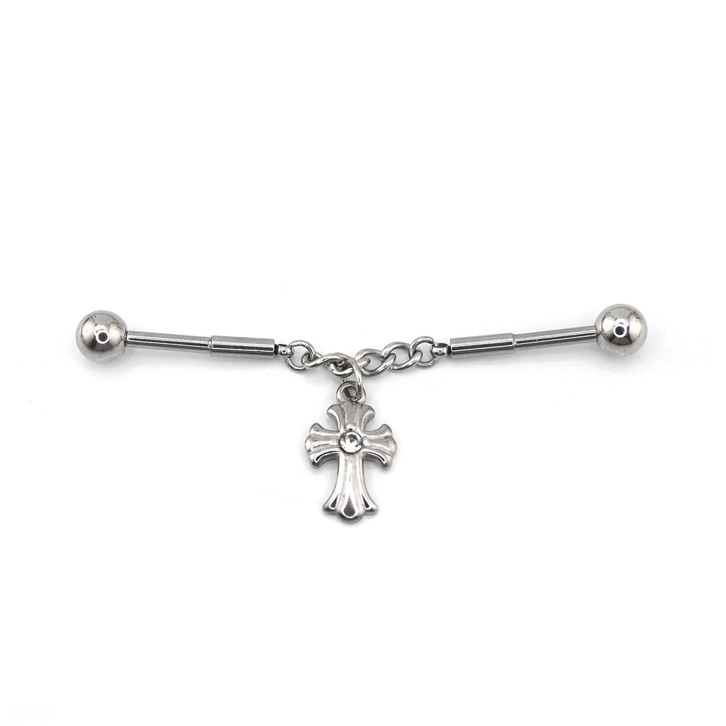 Cross CZ Stainless Steel Industrial Barbell Ear Chain
