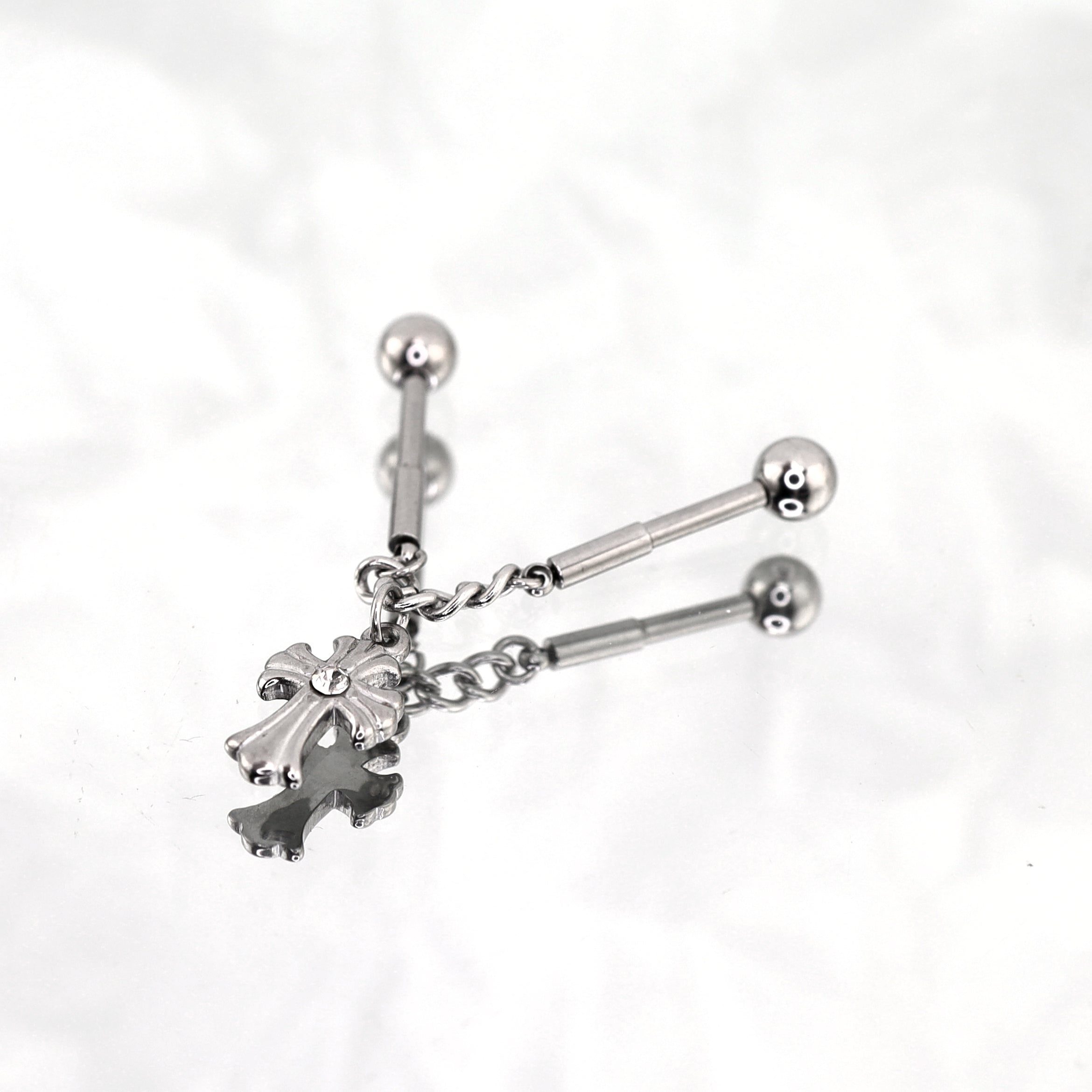 Cross CZ Stainless Steel Industrial Barbell Ear Chain
